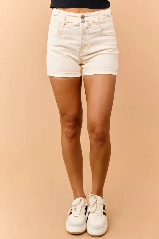 Risen Cream Tummy Control Stretchy Jean Shorts made by Risen