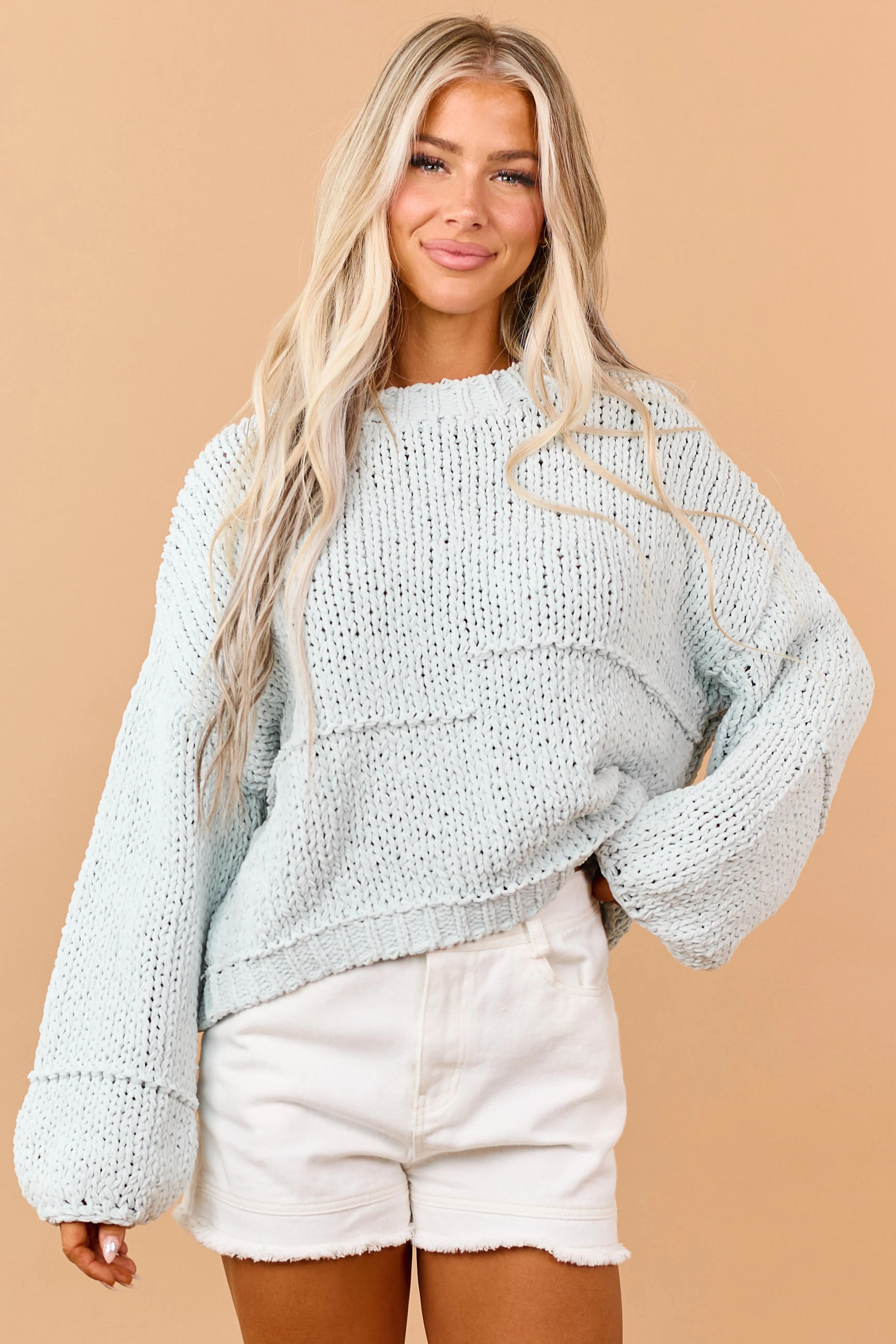 Mint Chenille Open Knit Bubble Sleeve Sweater sold by Lime Lush