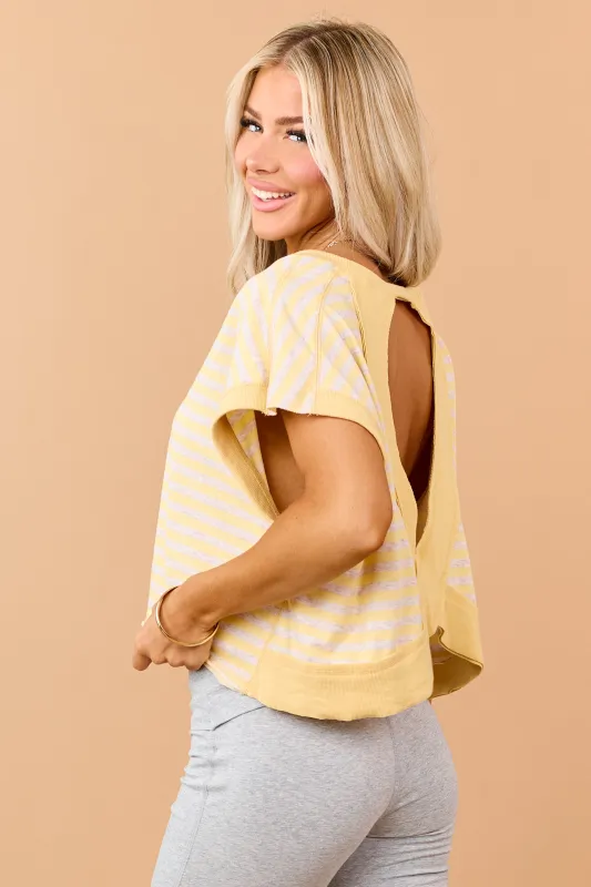 Lemon Striped French Terry Knit Open Back Top made by Rae Mode