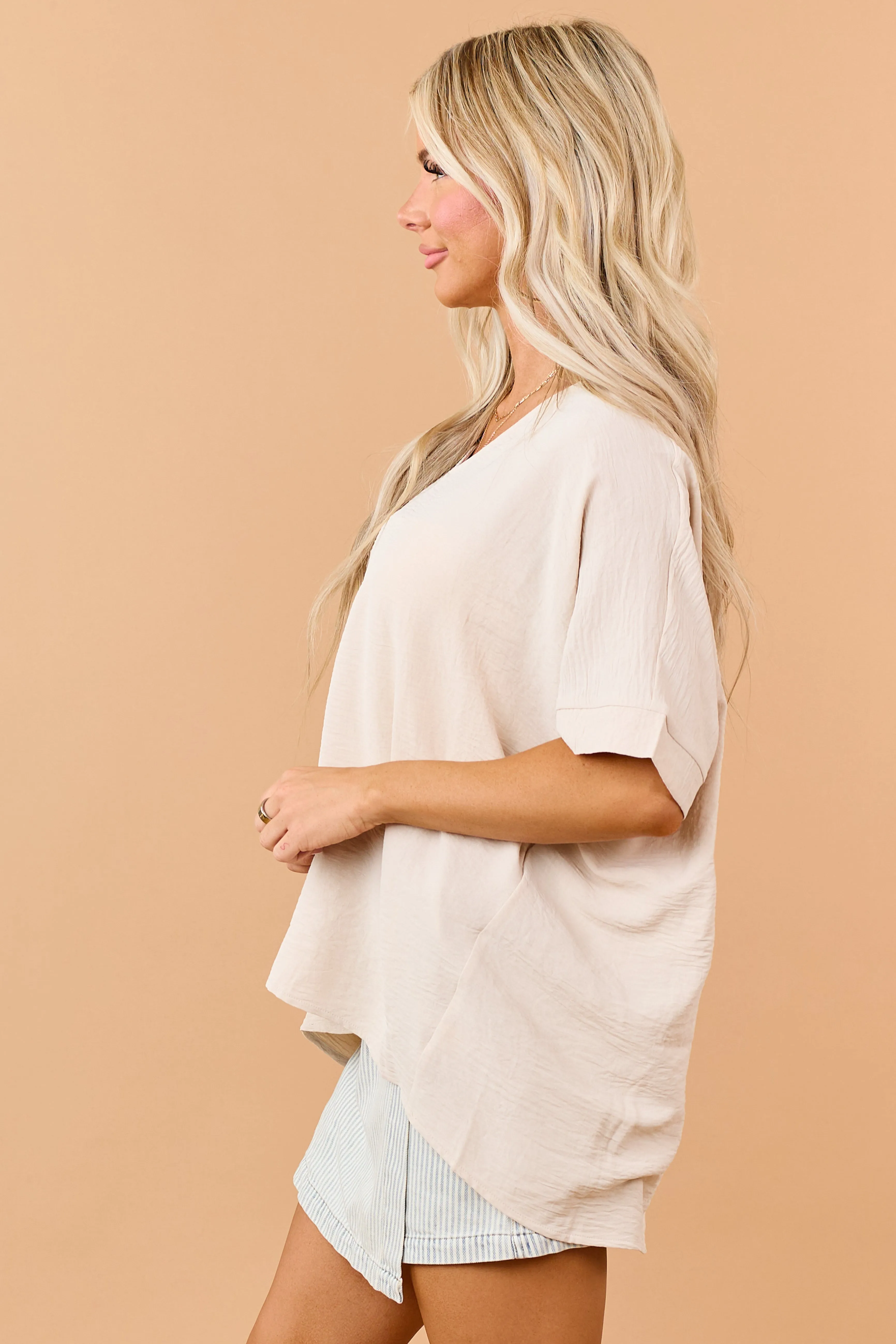Oatmeal Textured V-Neck Dolman Sleeve Relaxed Top sold by Lime Lush product image thumbnail 5