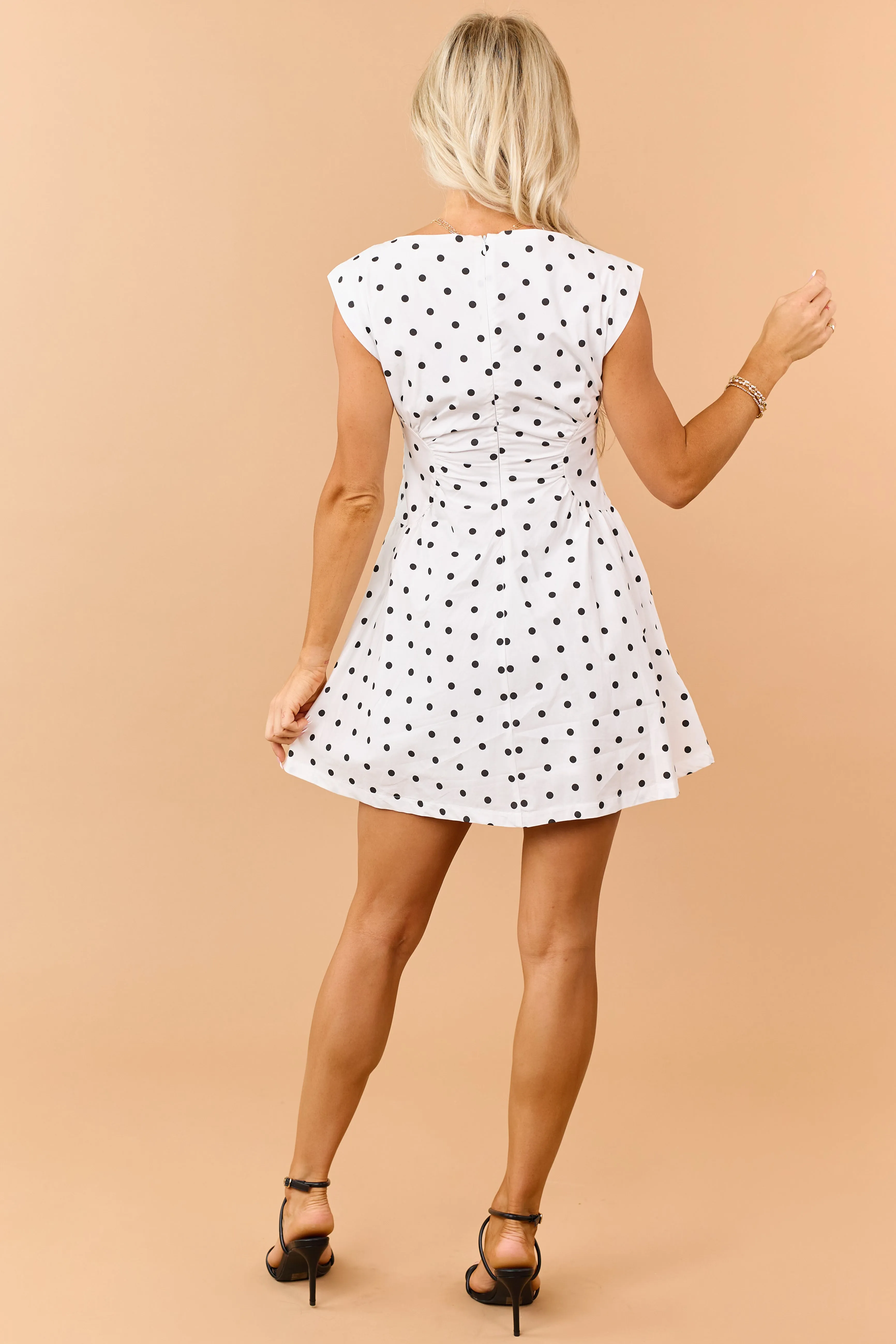 Off White Cotton Polka Dot Ruched Waist Mini Dress sold by Lime Lush product image thumbnail 5