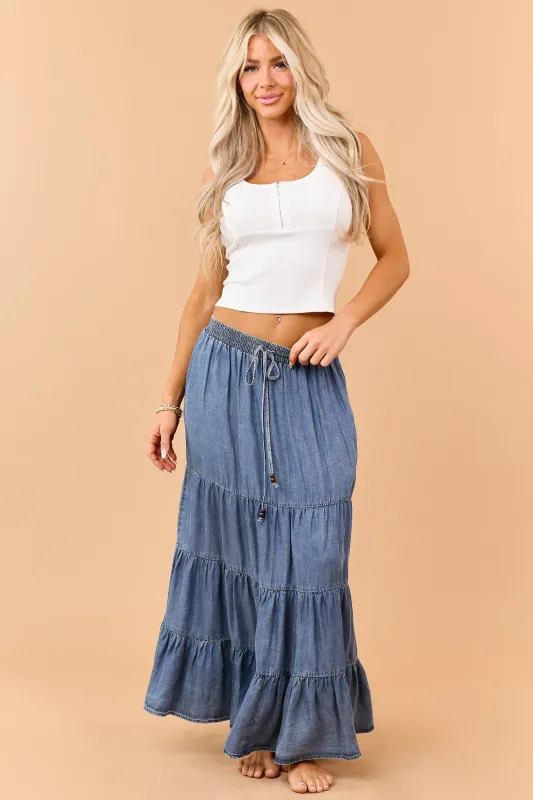 Medium Wash Tiered Chambray Maxi Skirt made by Final Touch