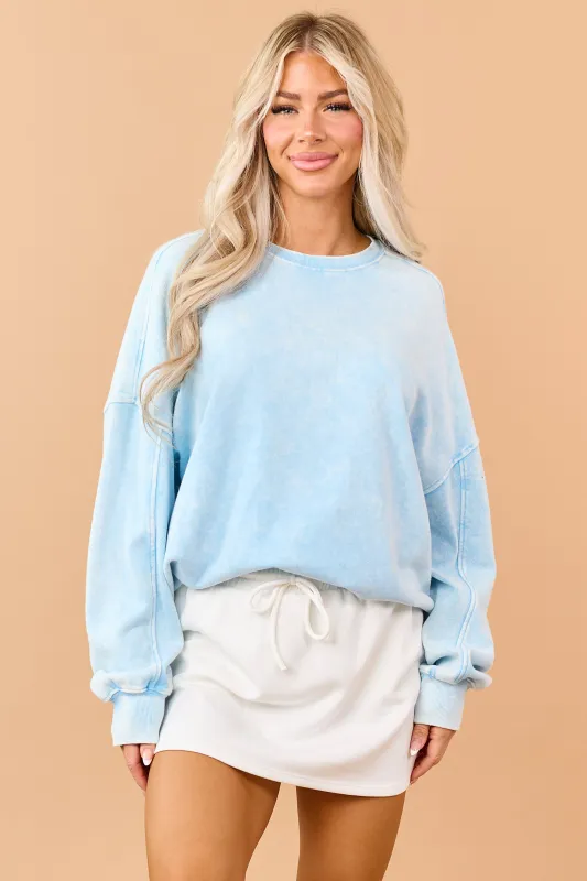 Sky Blue Rib Knit Acid Wash Relaxed Sweatshirt made by HYFVE