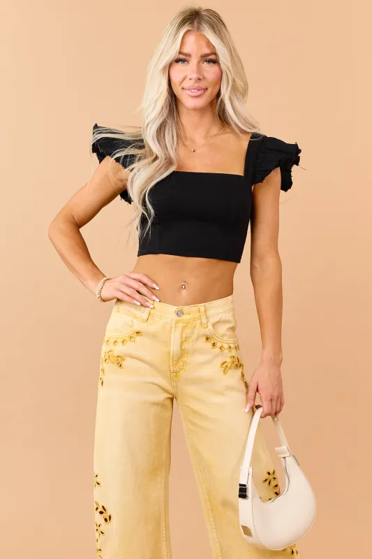 Black Denim Ruffle Cap Sleeve Crop Top made by Fore Collection