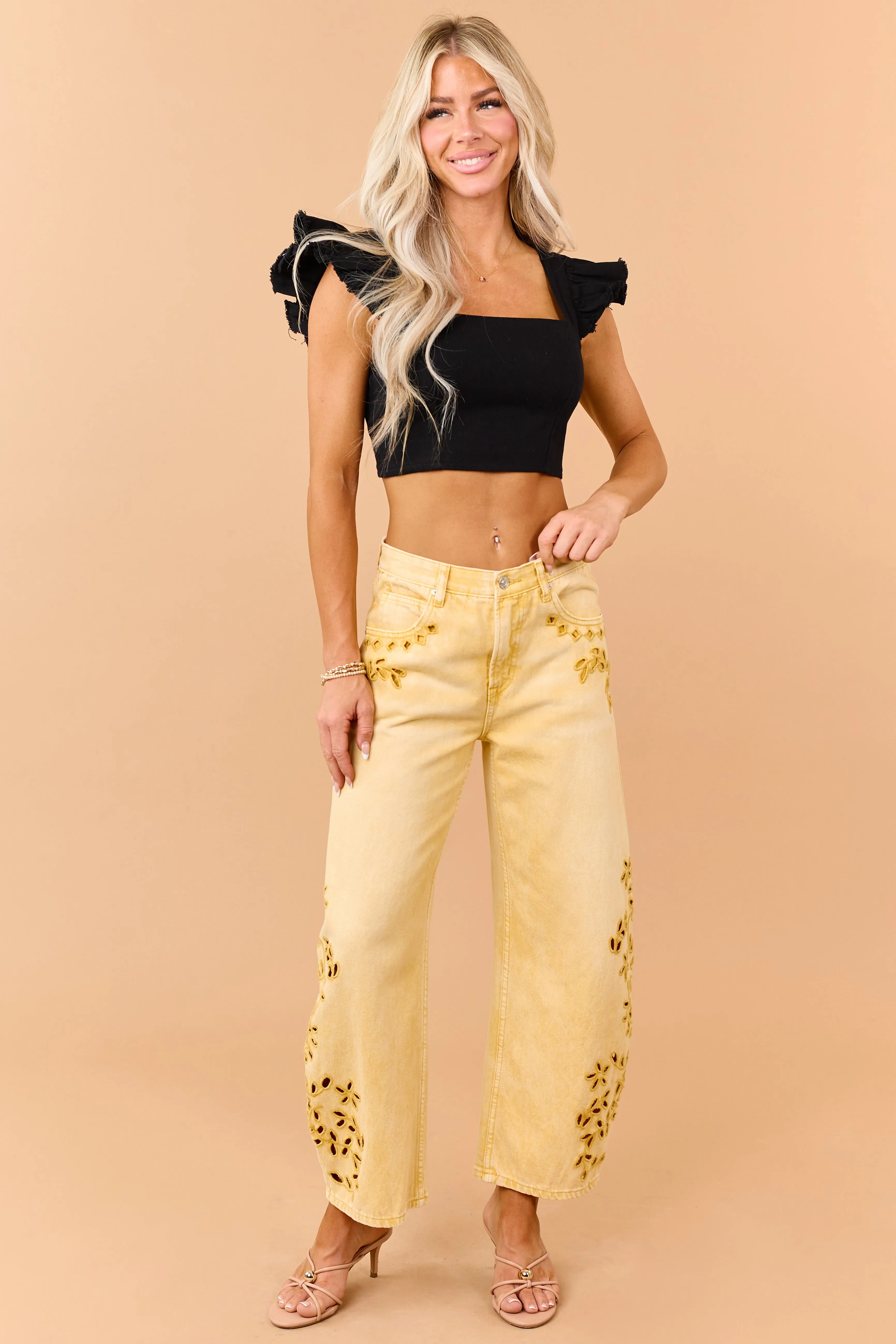 Black Denim Ruffle Cap Sleeve Crop Top sold by Lime Lush product image thumbnail 2