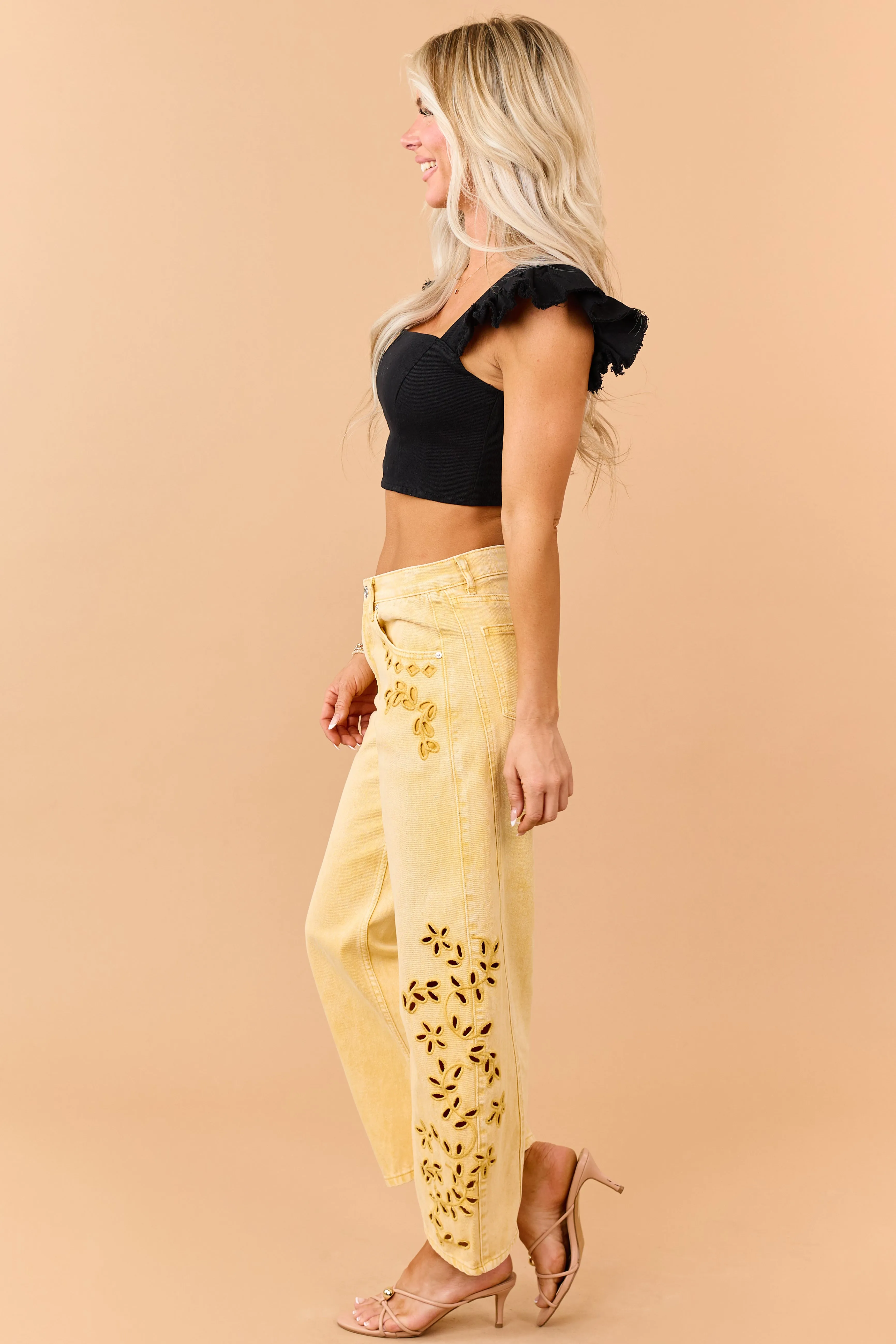 Black Denim Ruffle Cap Sleeve Crop Top sold by Lime Lush product image thumbnail 5