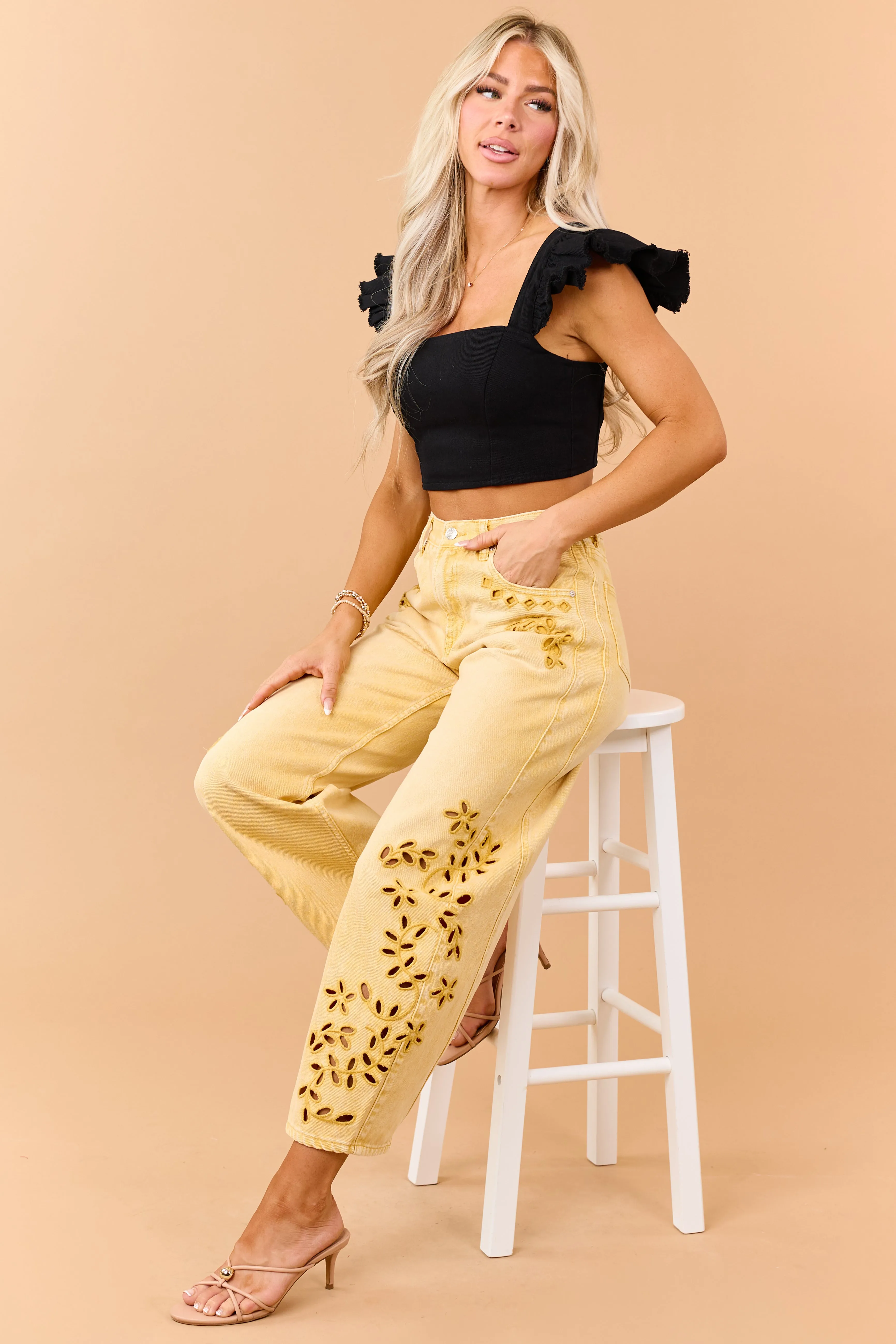 Black Denim Ruffle Cap Sleeve Crop Top sold by Lime Lush product image thumbnail 4