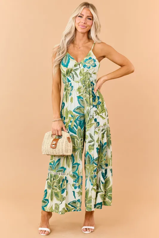 Mint Floral Print Open Back Wide Leg Jumpsuit made by Angie