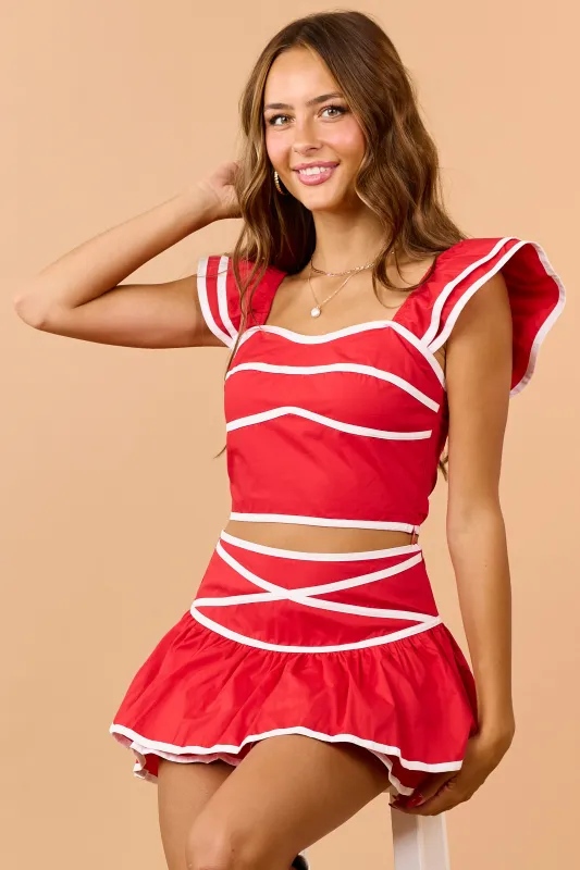 Lipstick Contrast Trim Ruffle Sleeve Cotton Crop Top made by Day + Moon