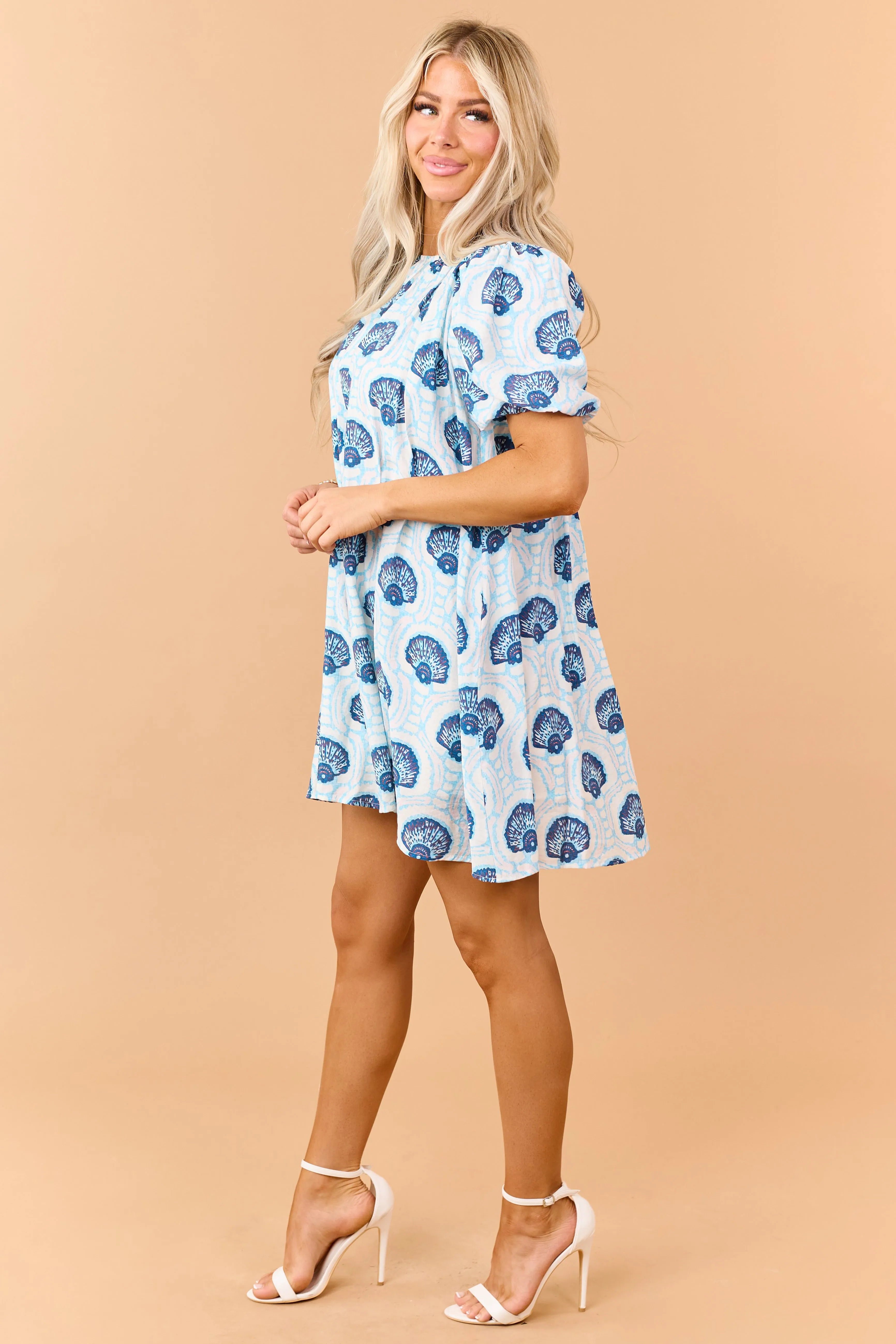 Azure Shell Pattern Puff Sleeve Relaxed Mini Dress sold by Lime Lush product image thumbnail 4