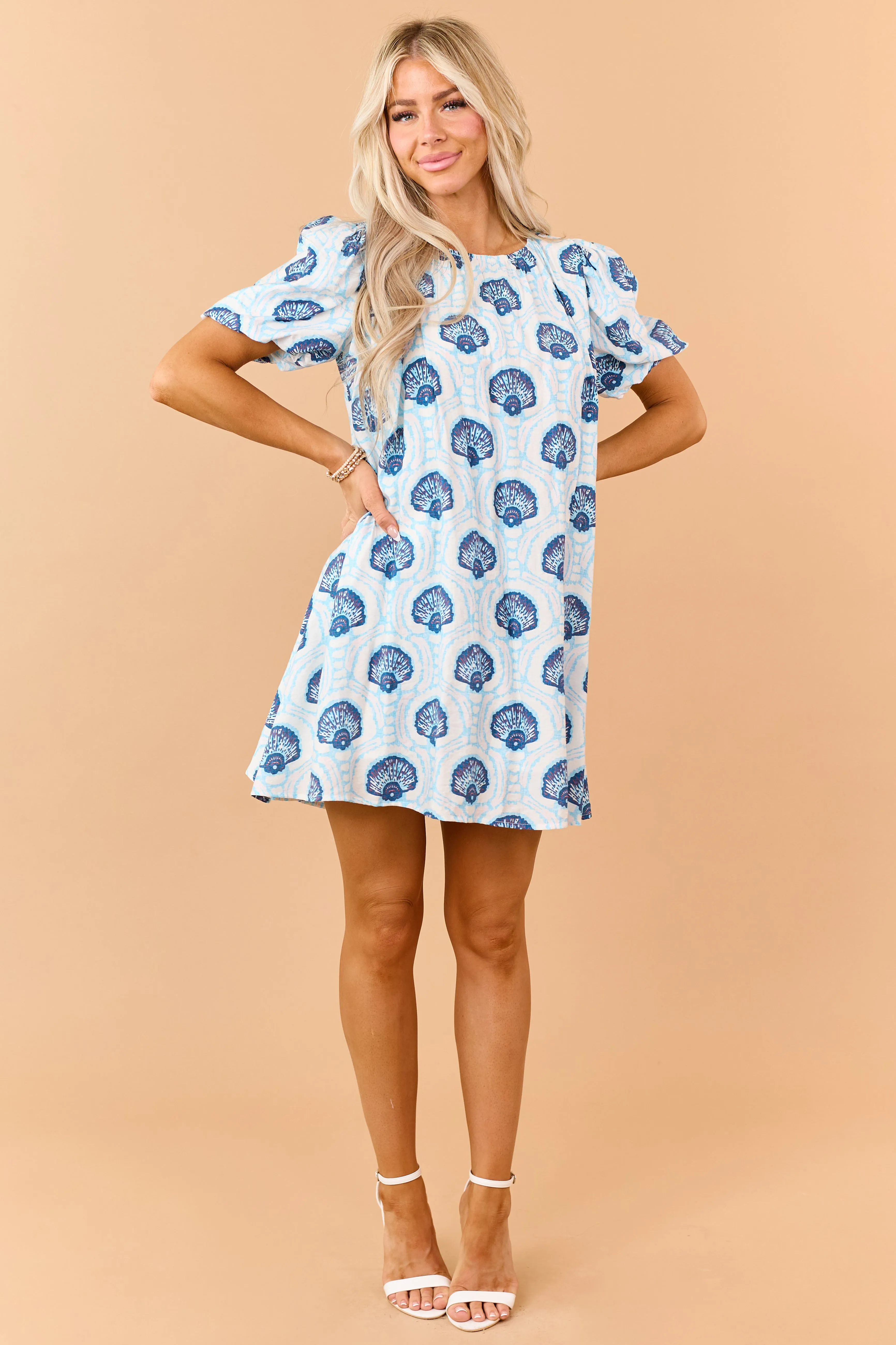 Azure Shell Pattern Puff Sleeve Relaxed Mini Dress sold by Lime Lush product image thumbnail 3