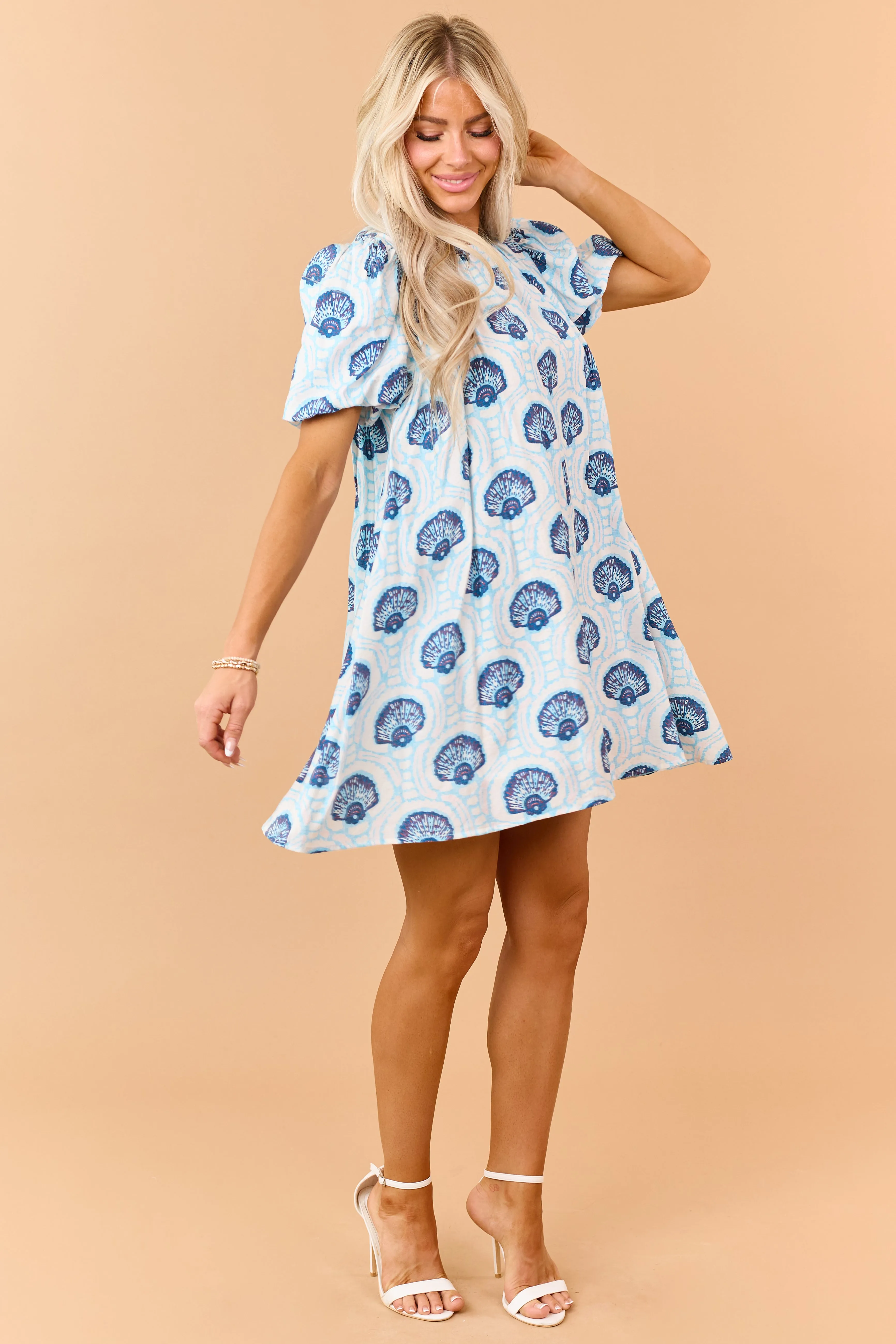 Azure Shell Pattern Puff Sleeve Relaxed Mini Dress sold by Lime Lush product image thumbnail 2
