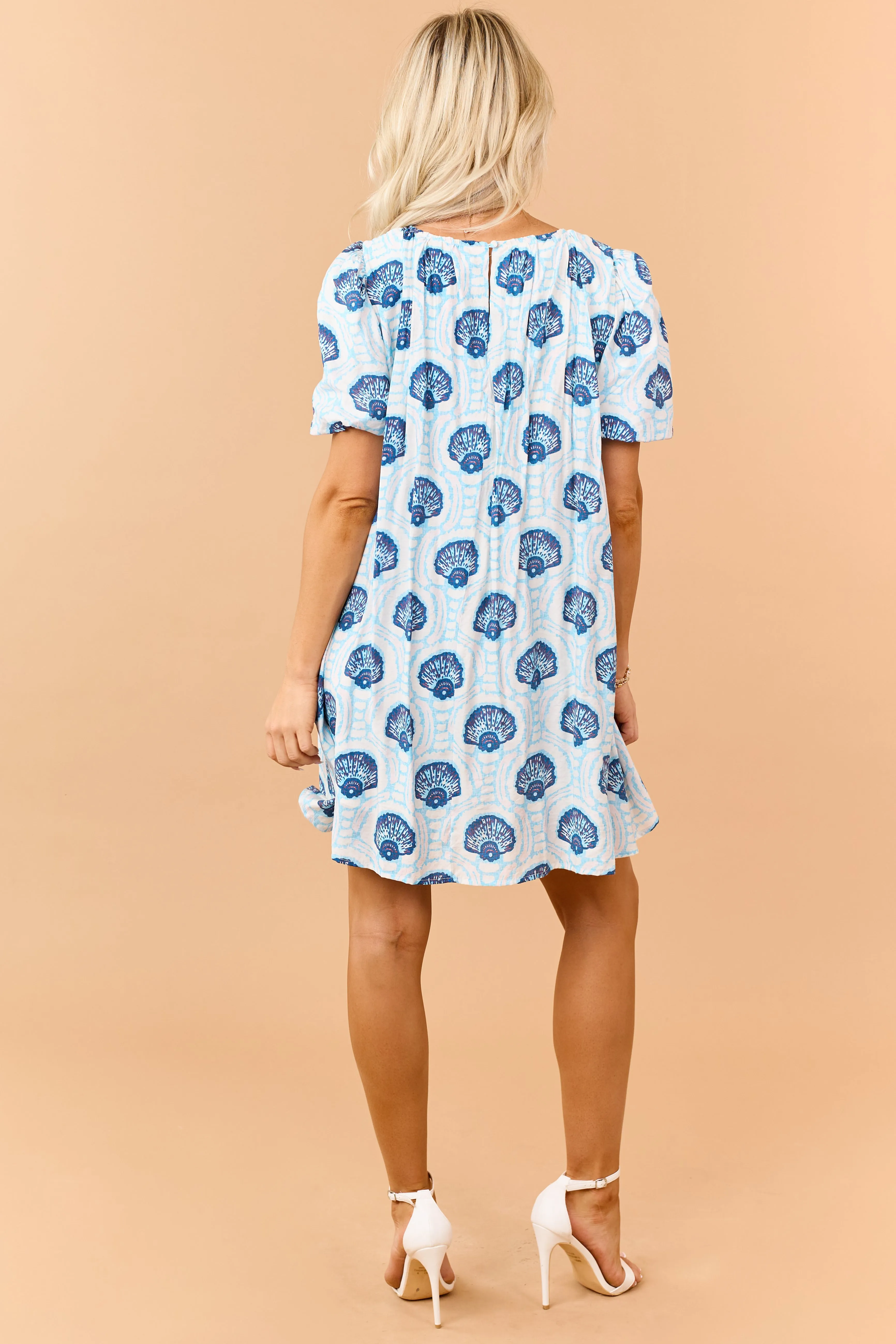 Azure Shell Pattern Puff Sleeve Relaxed Mini Dress sold by Lime Lush product image thumbnail 5