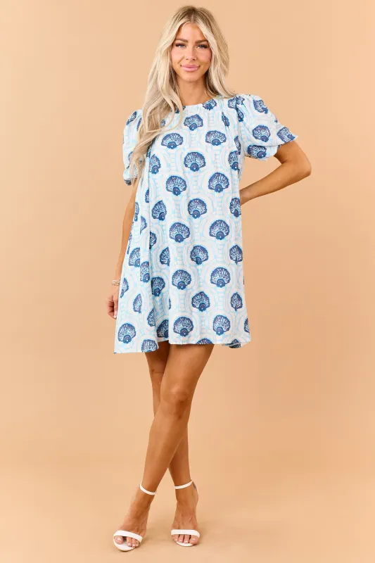 Azure Shell Pattern Puff Sleeve Relaxed Mini Dress made by TCEC