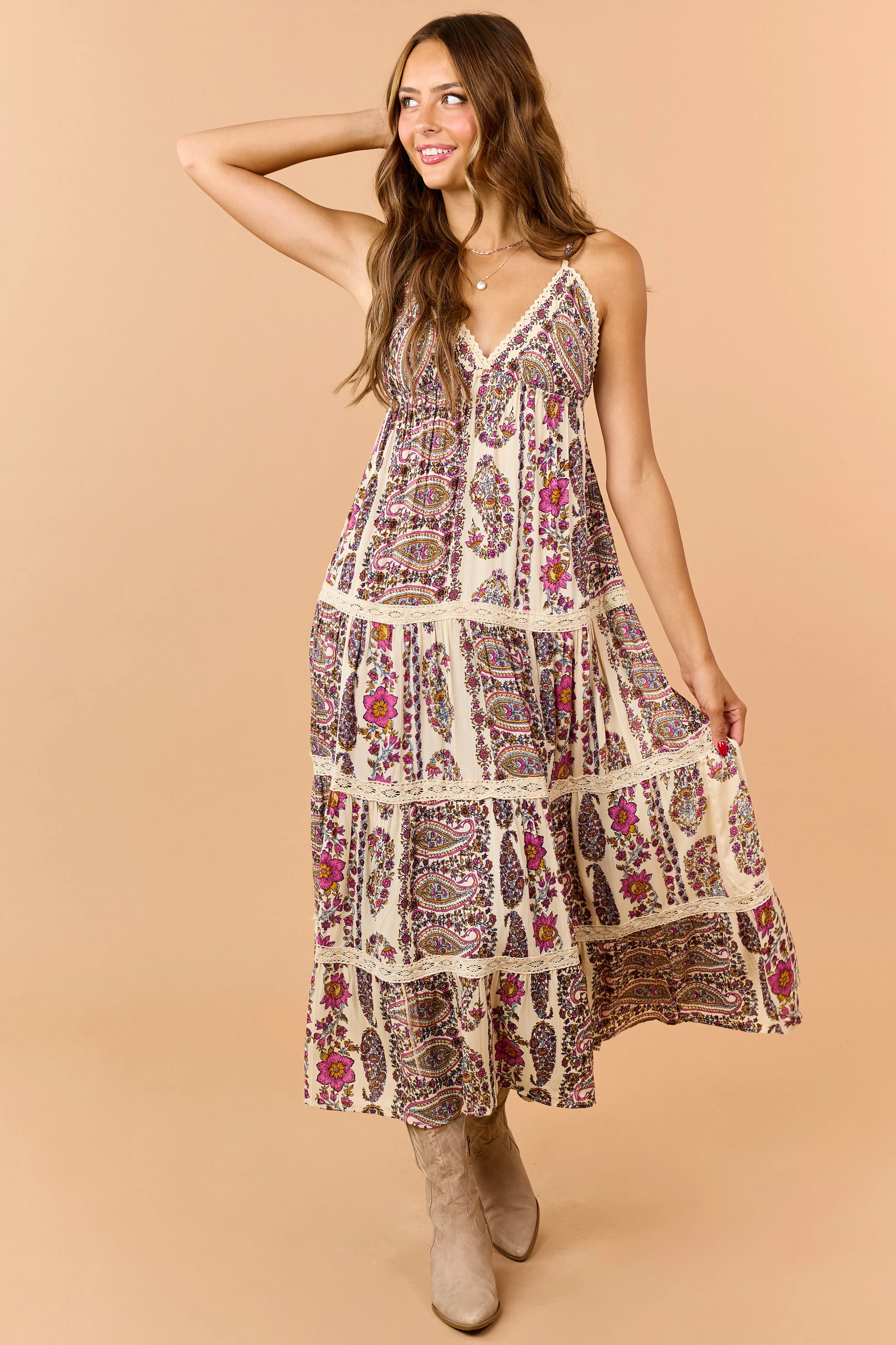 Cream Paisley Floral Print Tiered V-Neck Midi Dress sold by Lime Lush product image thumbnail 2