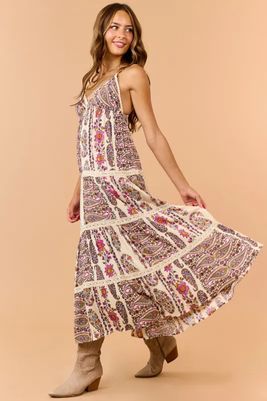 Cream Paisley Floral Print Tiered V-Neck Midi Dress made by Angie