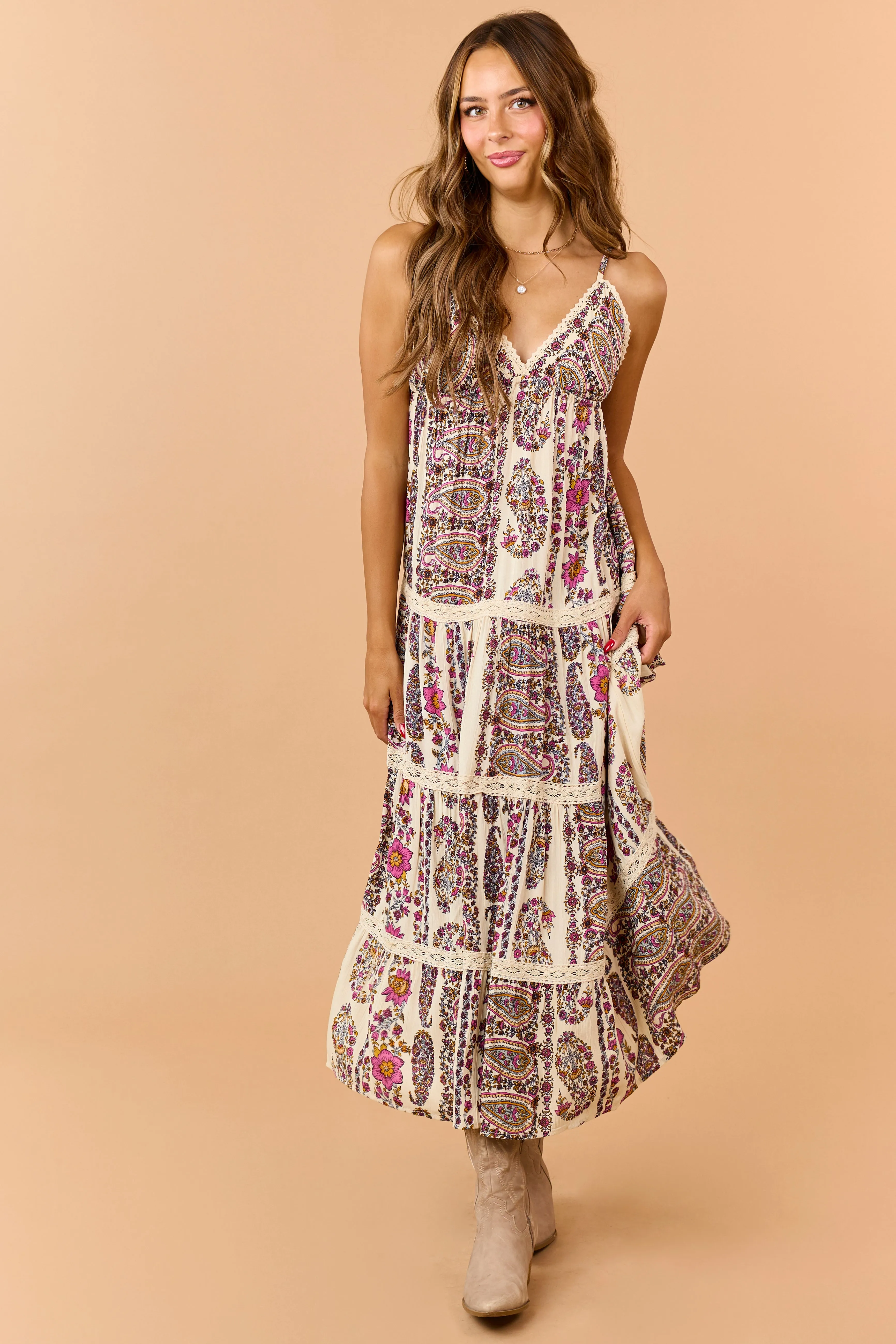 Cream Paisley Floral Print Tiered V-Neck Midi Dress sold by Lime Lush product image thumbnail 3
