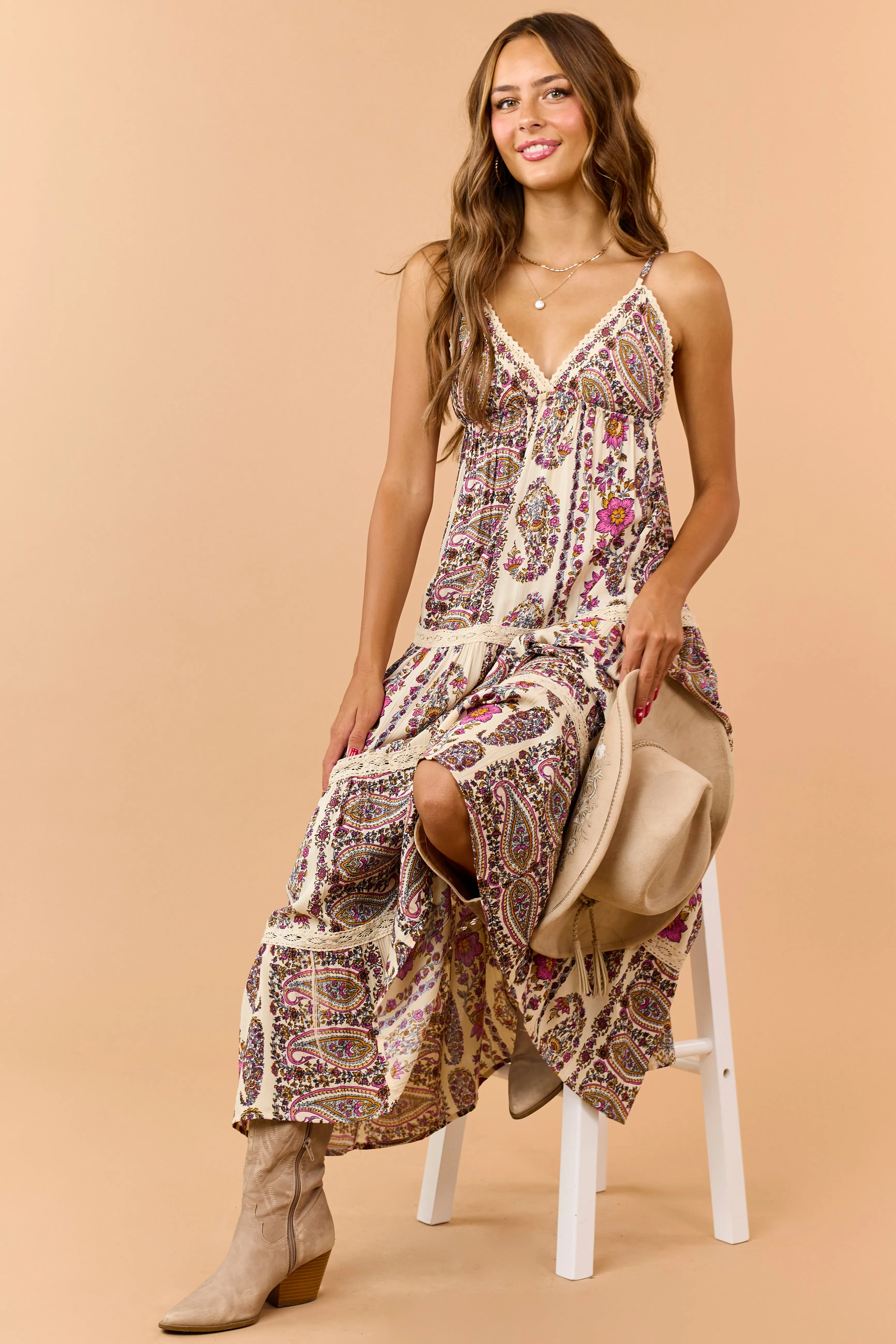 Cream Paisley Floral Print Tiered V-Neck Midi Dress sold by Lime Lush product image thumbnail 5
