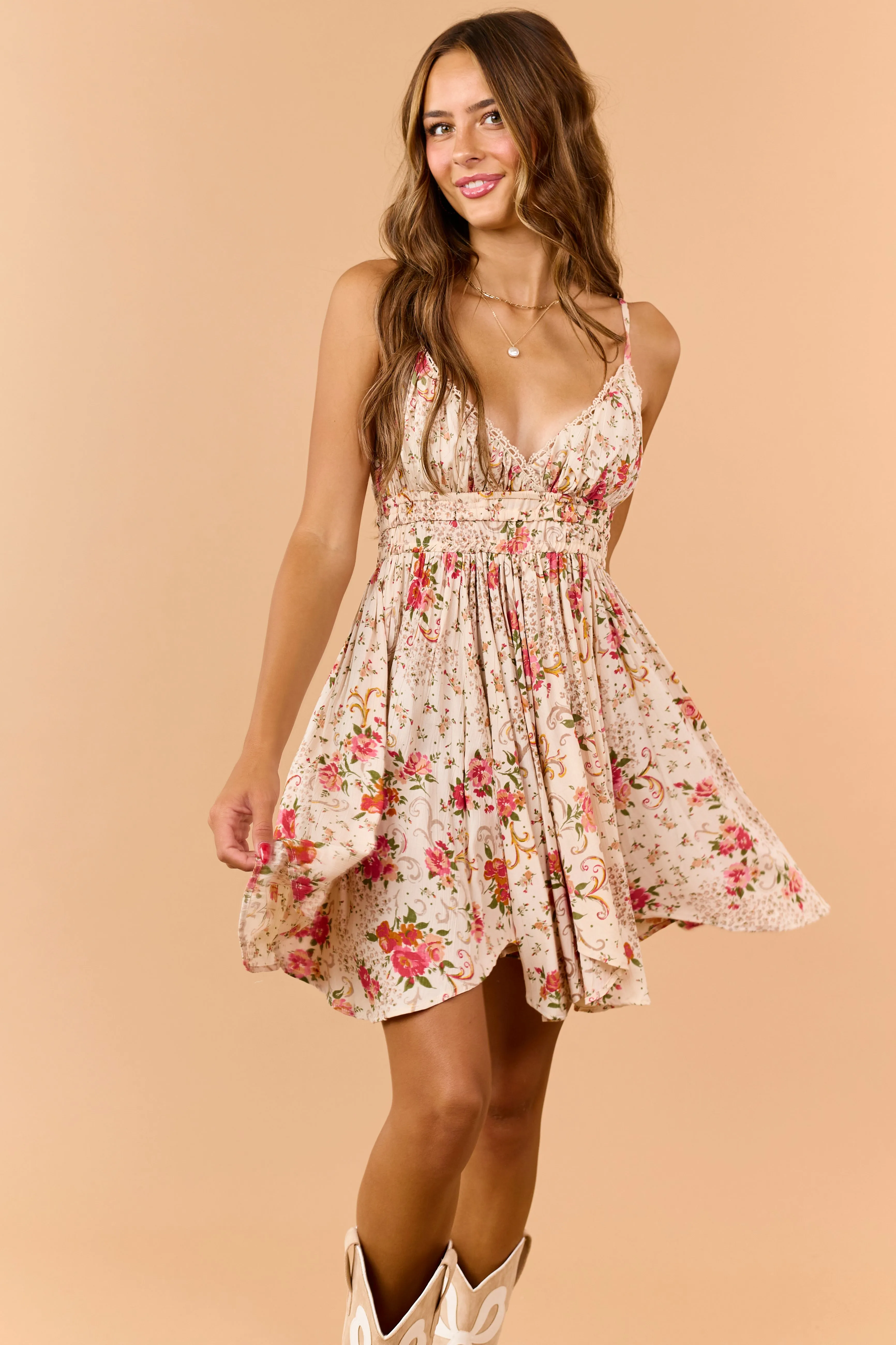 Almond Floral Print V-Neck Sleeveless Mini Dress sold by Lime Lush product image thumbnail 3