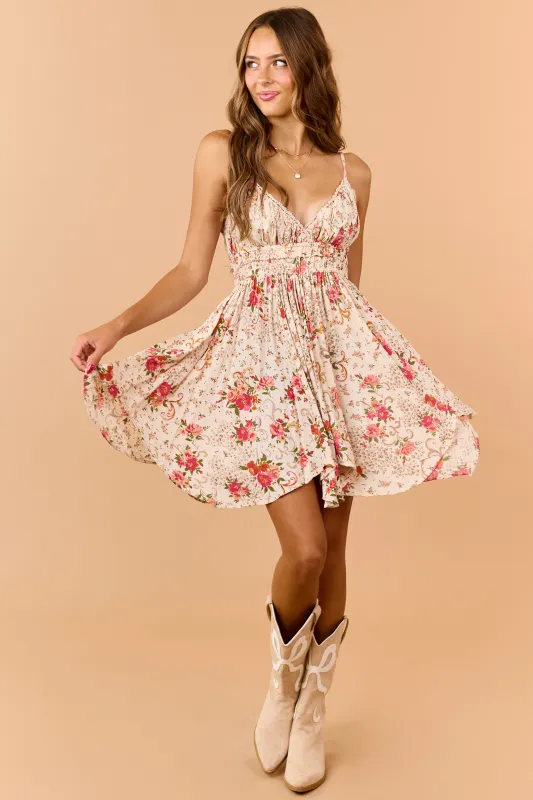 Almond Floral Print V-Neck Sleeveless Mini Dress made by Angie