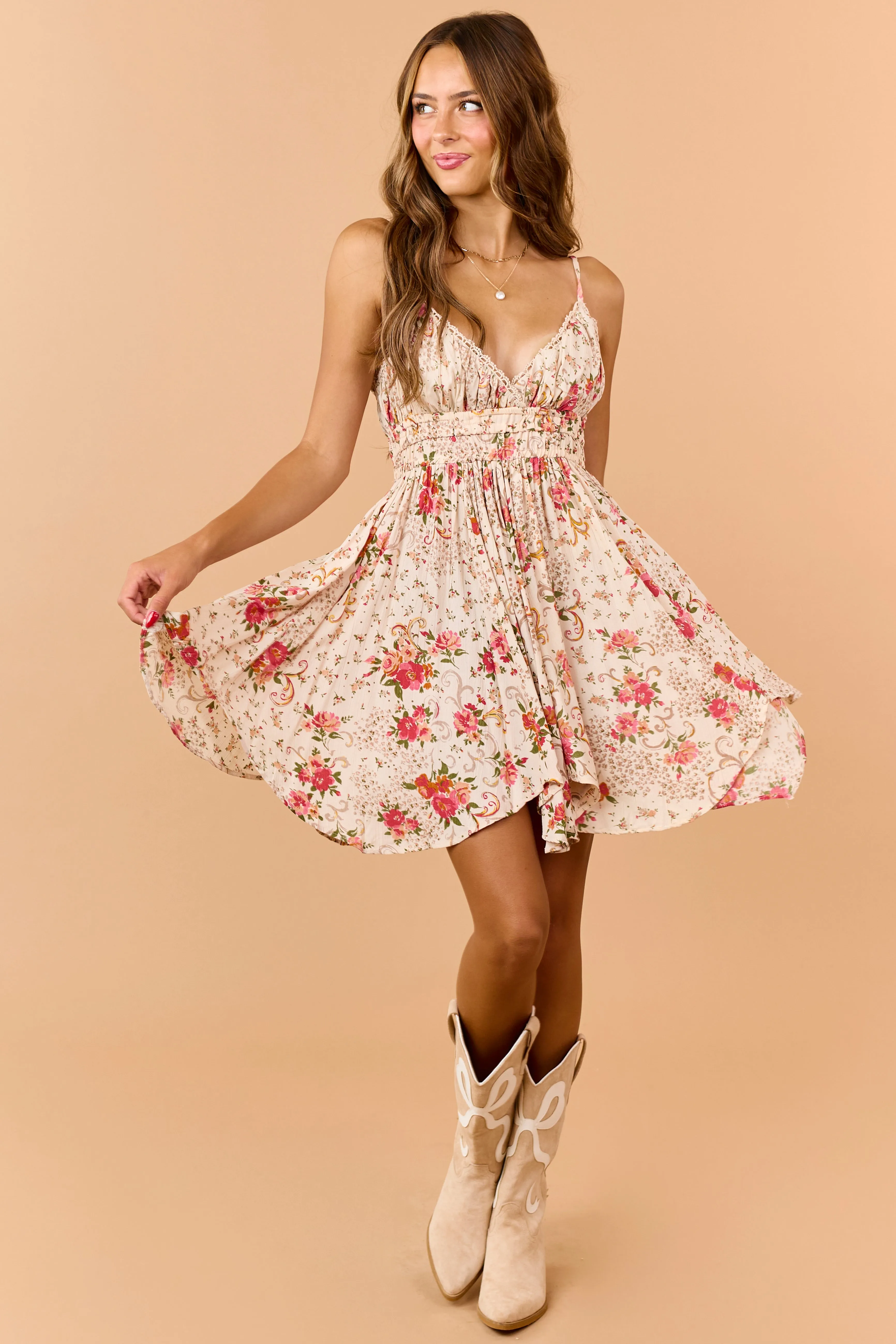 Almond Floral Print V-Neck Sleeveless Mini Dress sold by Lime Lush