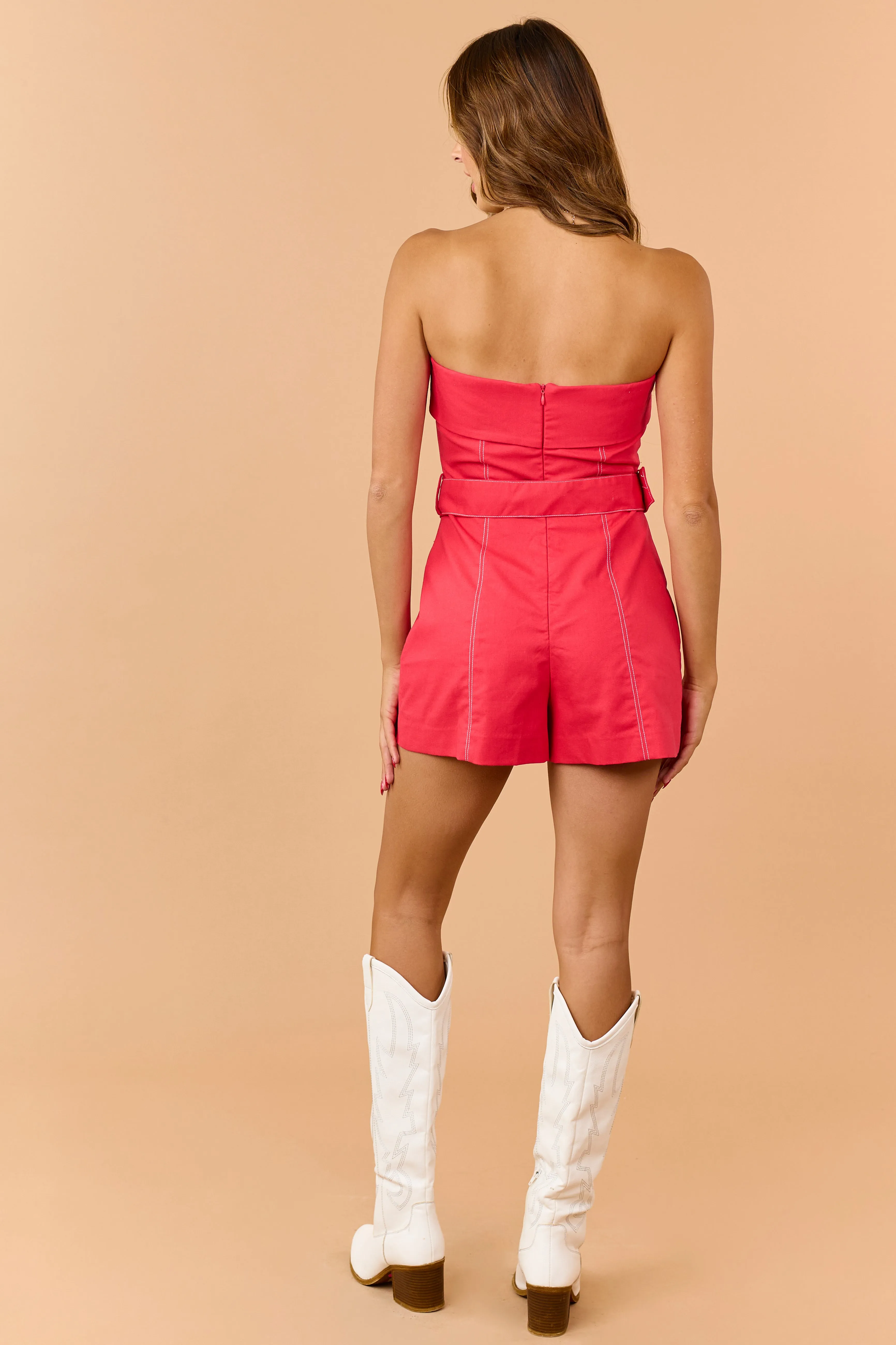 Lipstick Linen Blend Folded Neckline Belted Romper sold by Lime Lush product image thumbnail 5