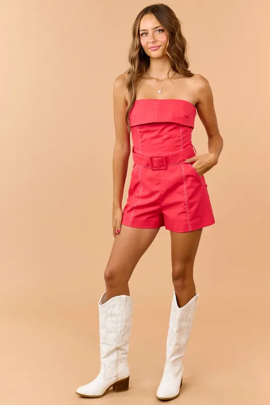 Lipstick Linen Blend Folded Neckline Belted Romper made by Day + Moon