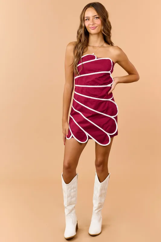 Maroon Linen Blend Scallop Panel Overlay Mini Dress made by Day + Moon