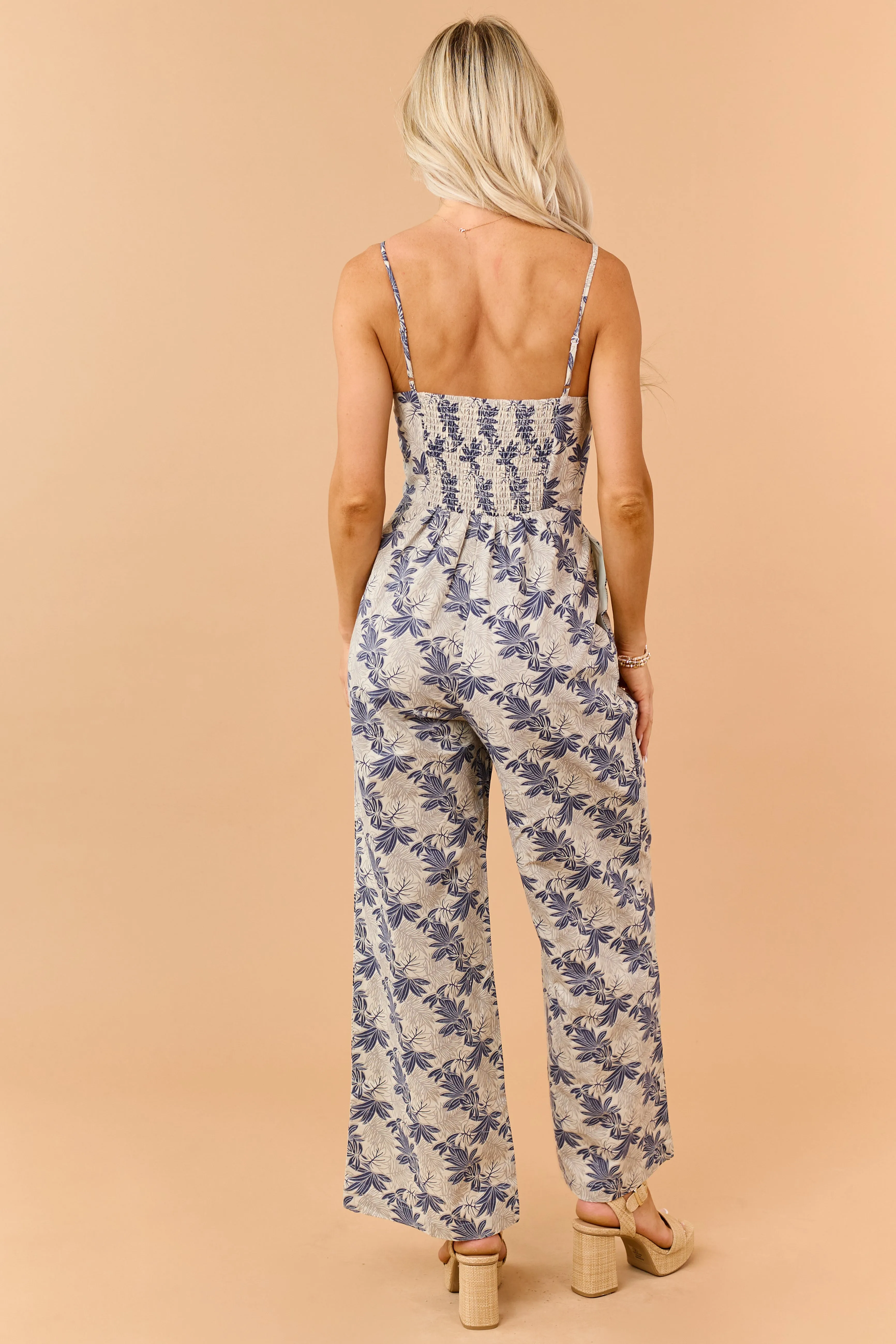 Oatmeal Floral Print Zip Up Cotton Jumpsuit sold by Lime Lush product image thumbnail 5