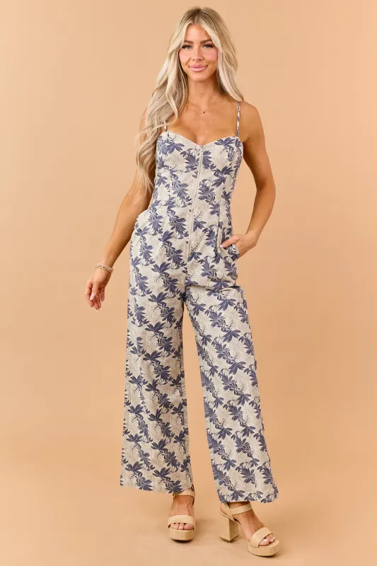 Oatmeal Floral Print Zip Up Cotton Jumpsuit made by Storia