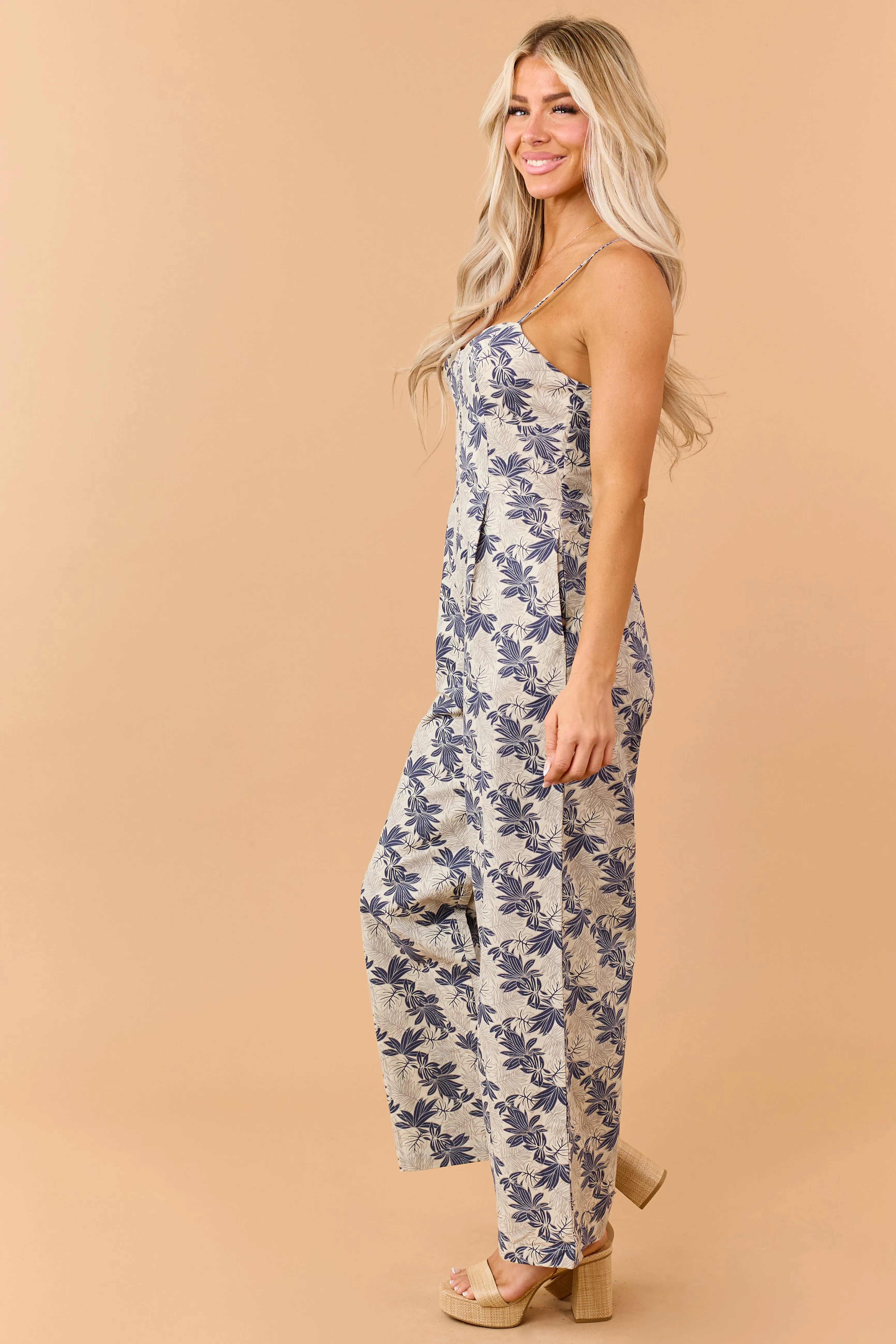 Oatmeal Floral Print Zip Up Cotton Jumpsuit sold by Lime Lush product image thumbnail 4