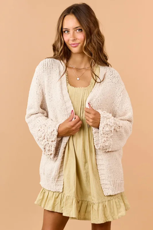 Light Beige Crochet Knit Floral Cuff Cardigan made by Lena