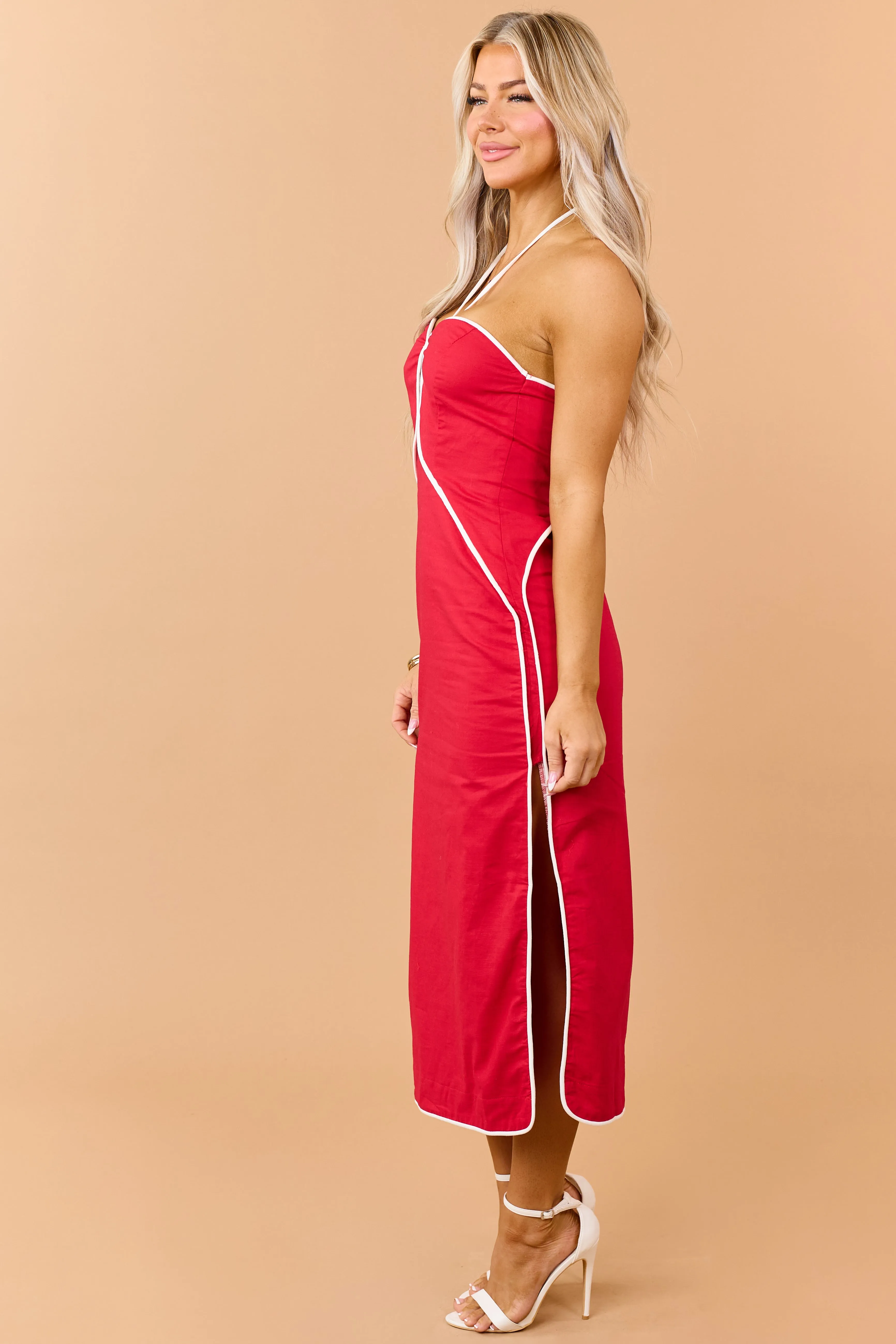 Lipstick Linen Blend Contrast Trim Midi Dress sold by Lime Lush product image thumbnail 4