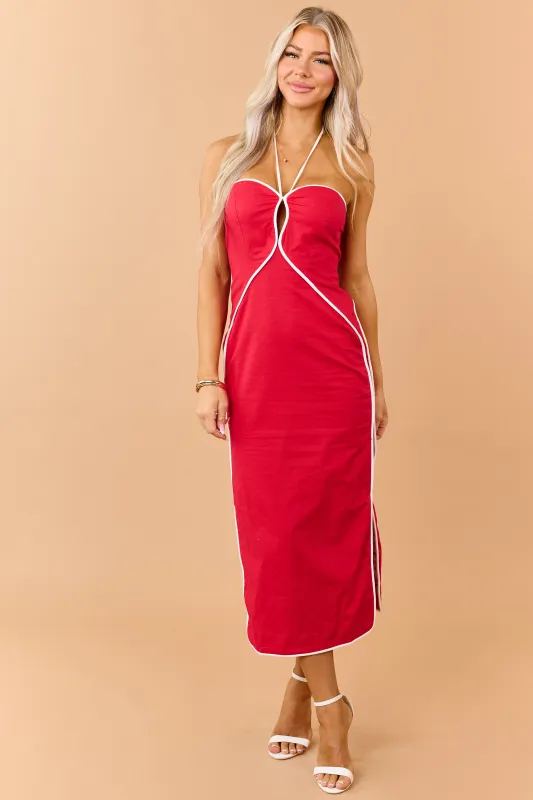 Lipstick Linen Blend Contrast Trim Midi Dress made by Day + Moon