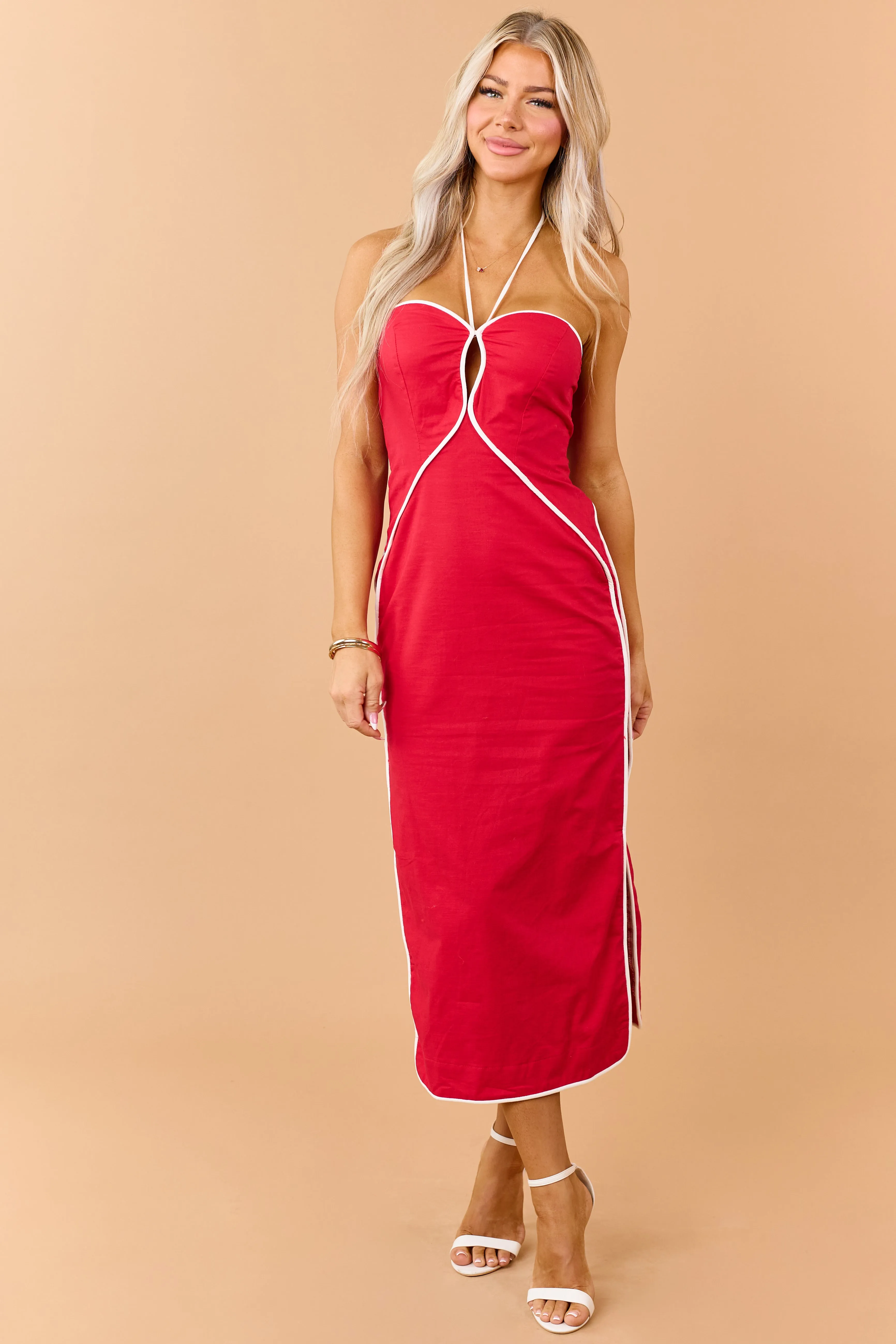 Lipstick Linen Blend Contrast Trim Midi Dress sold by Lime Lush