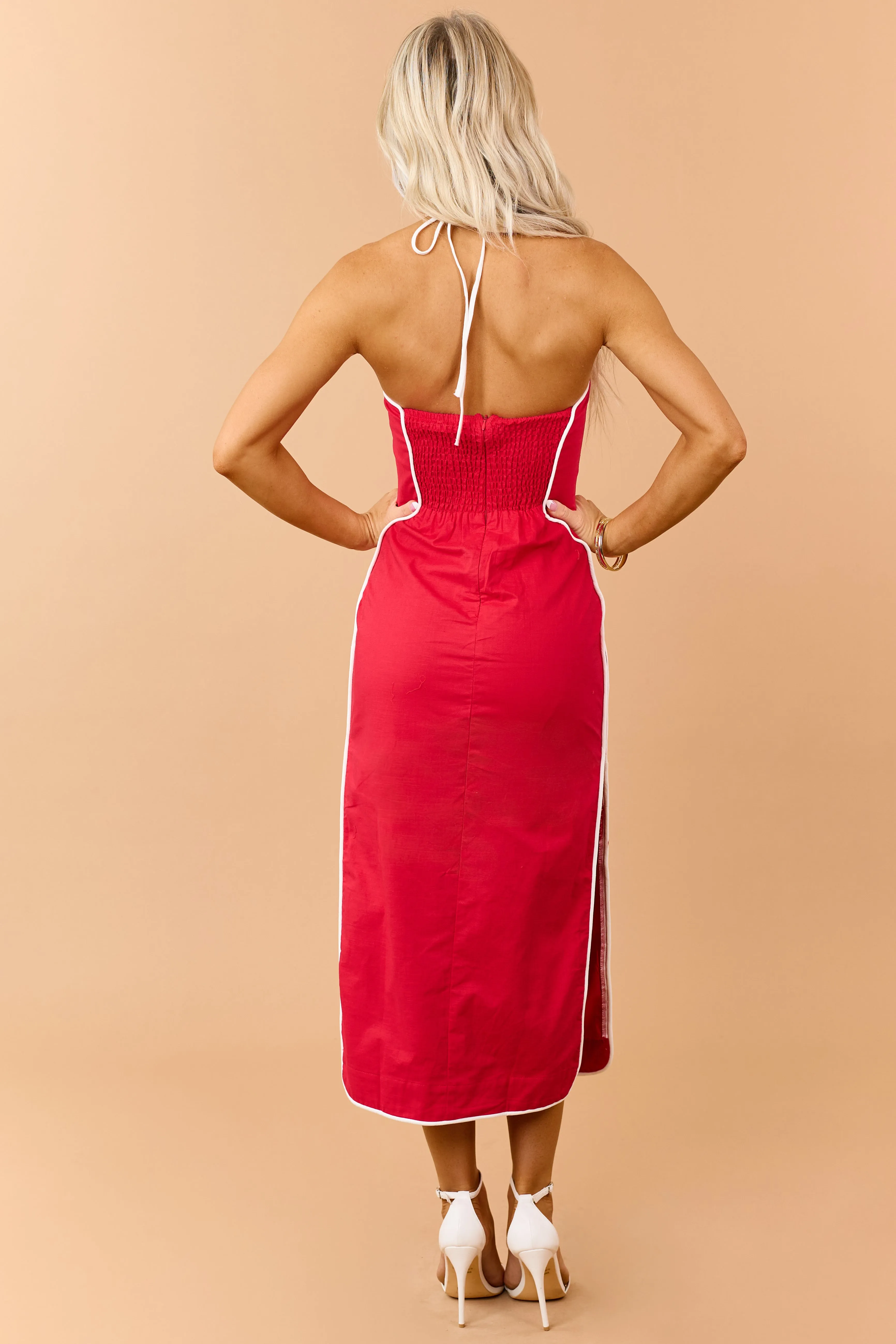 Lipstick Linen Blend Contrast Trim Midi Dress sold by Lime Lush product image thumbnail 5