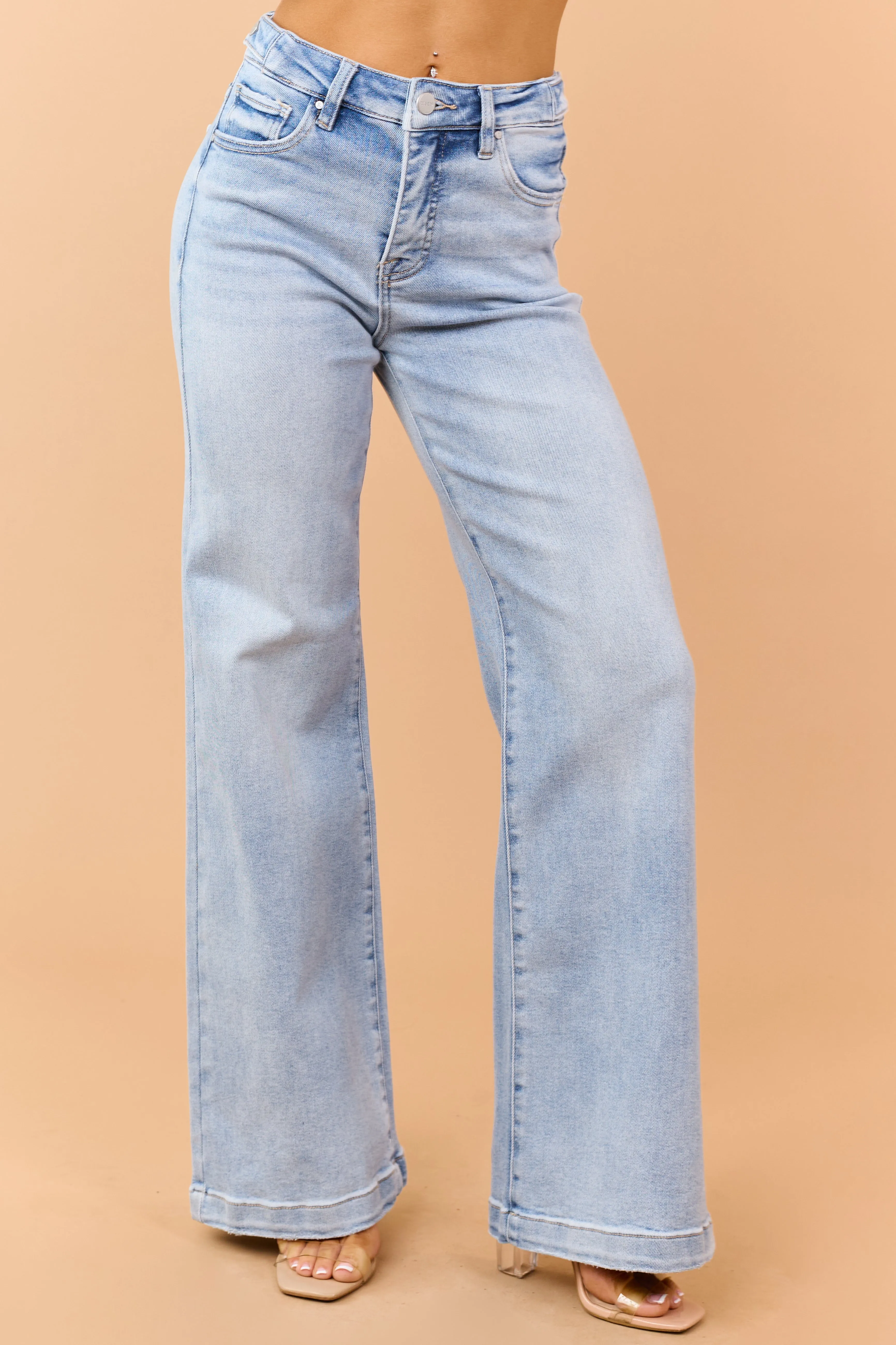 Risen Light Wash Tummy Control Stretch Wide Jeans sold by Lime Lush