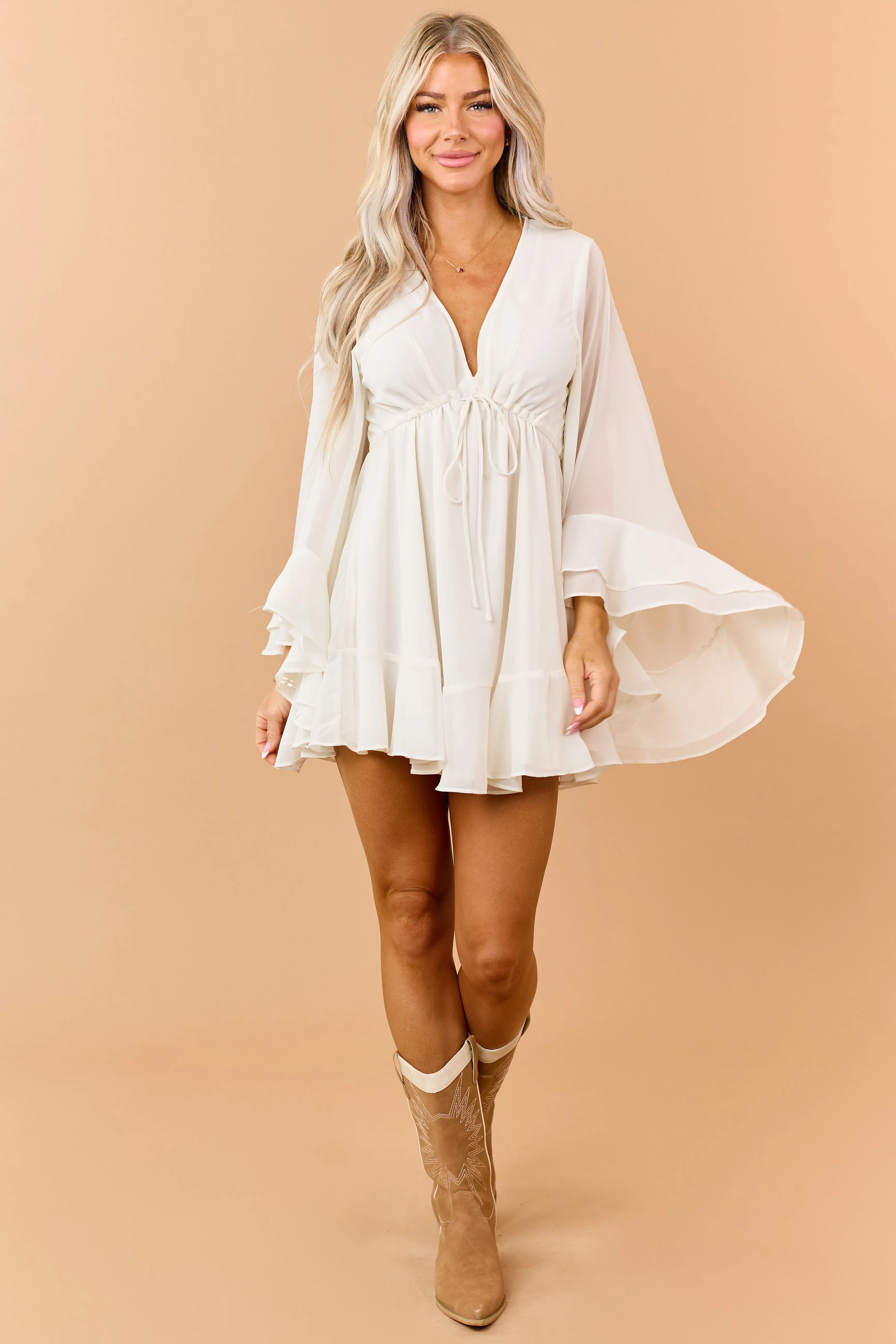 Cream Chiffon Empire Waist Flowy Mini Dress sold by Lime Lush product image thumbnail 3