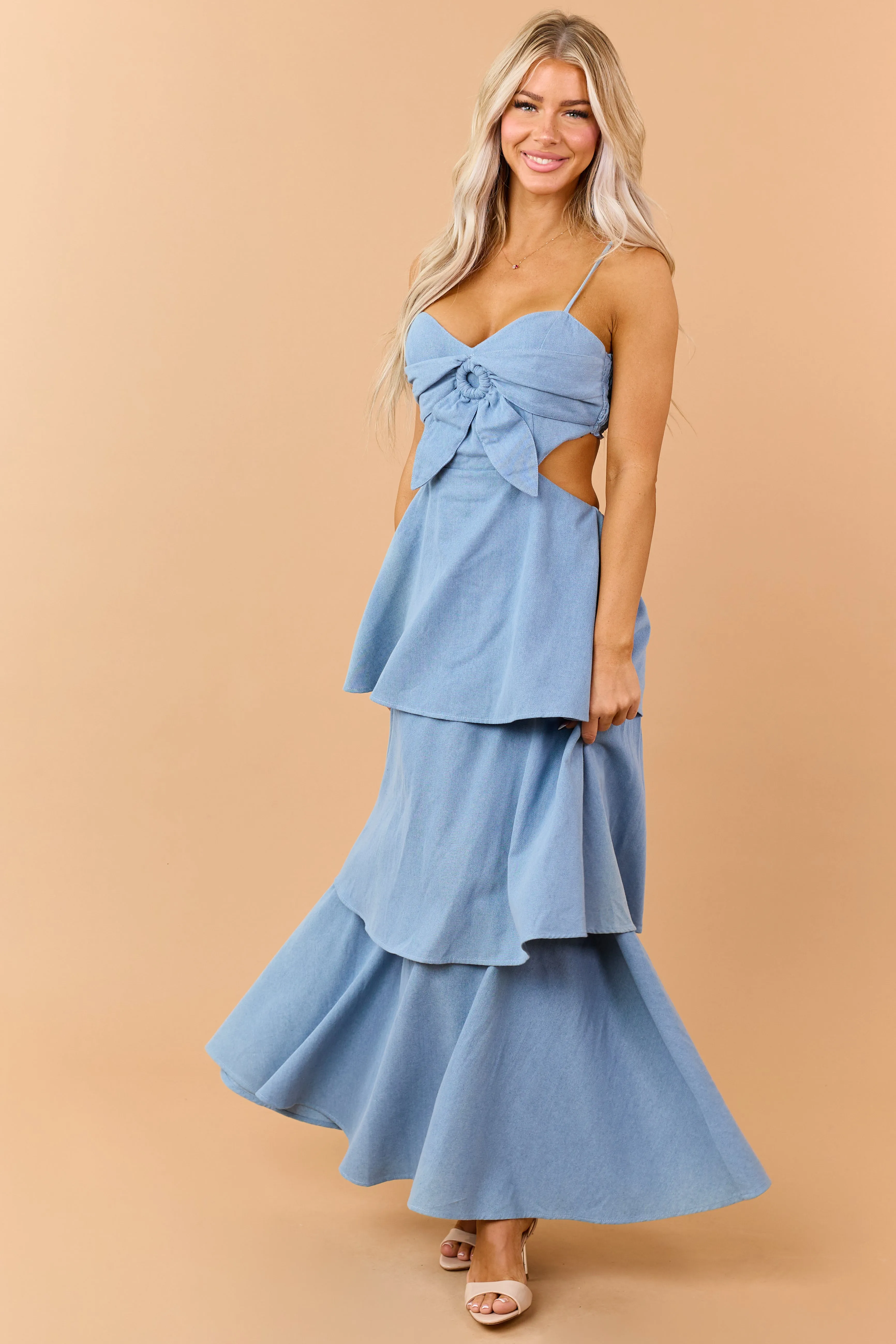 Light Wash Tiered Chambray Denim Maxi Dress sold by Lime Lush product image thumbnail 2