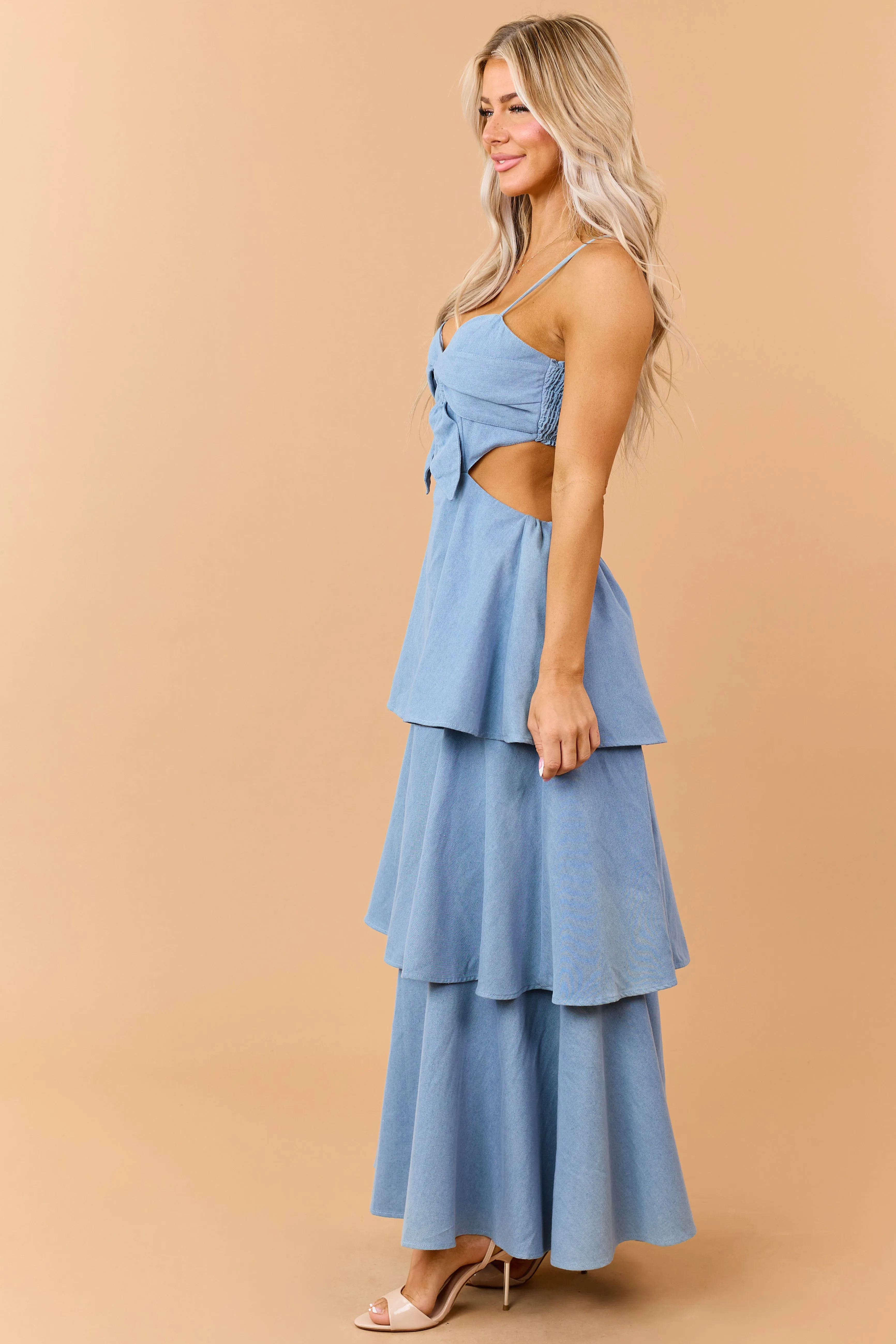 Light Wash Tiered Chambray Denim Maxi Dress sold by Lime Lush product image thumbnail 5