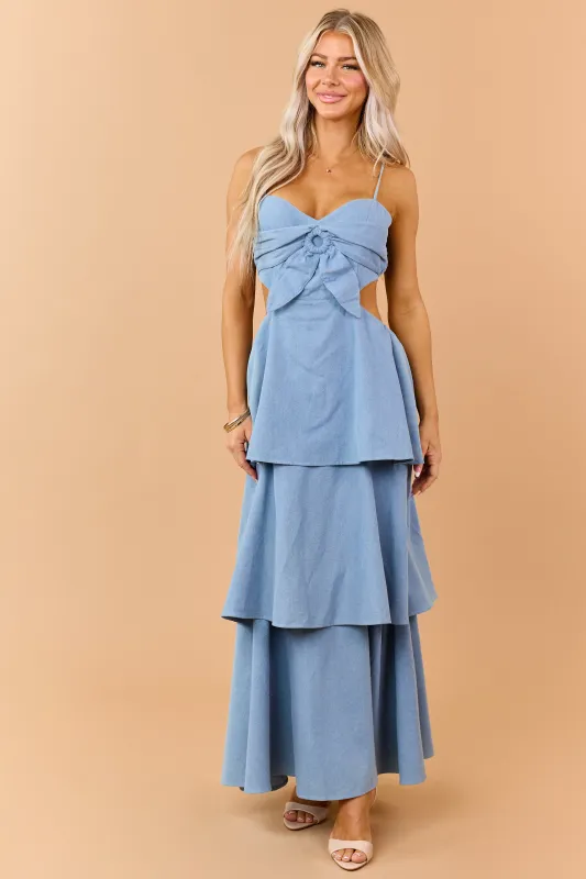 Light Wash Tiered Chambray Denim Maxi Dress made by privy