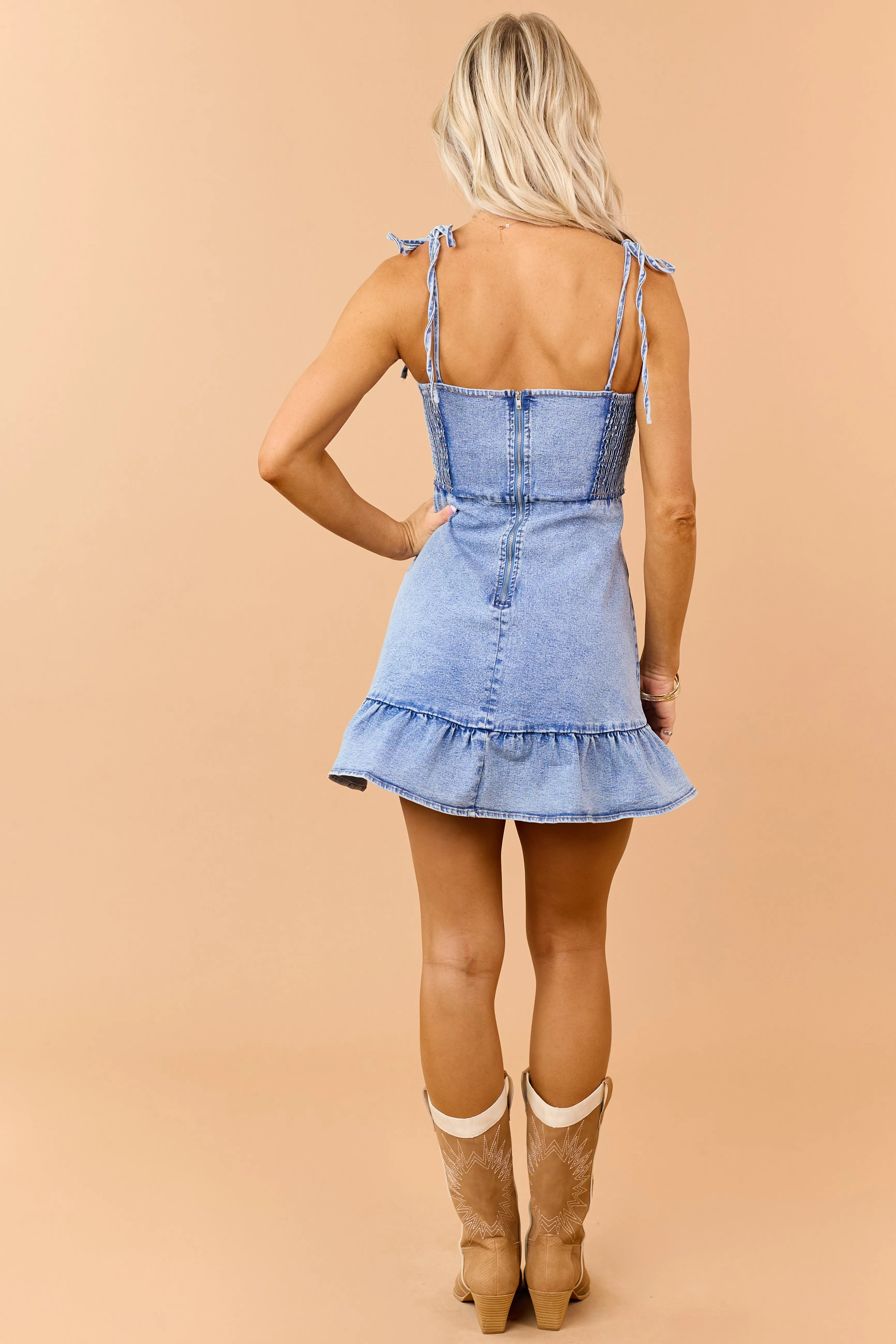 Medium Wash Denim Ruffle Hem Tie Strap Mini Dress sold by Lime Lush product image thumbnail 5