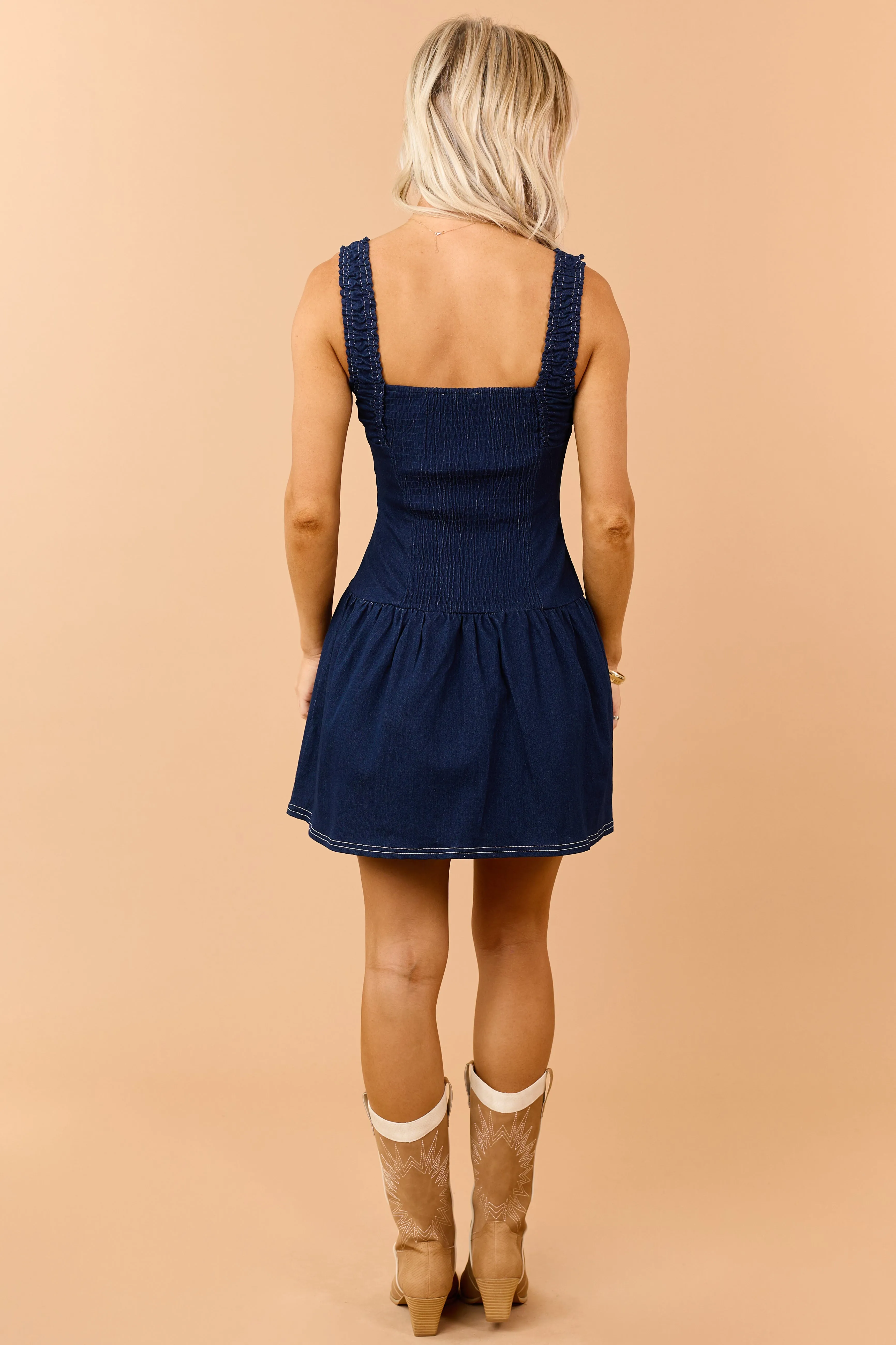 Dark Wash Denim Ruched Bust Mini Dress sold by Lime Lush product image thumbnail 5