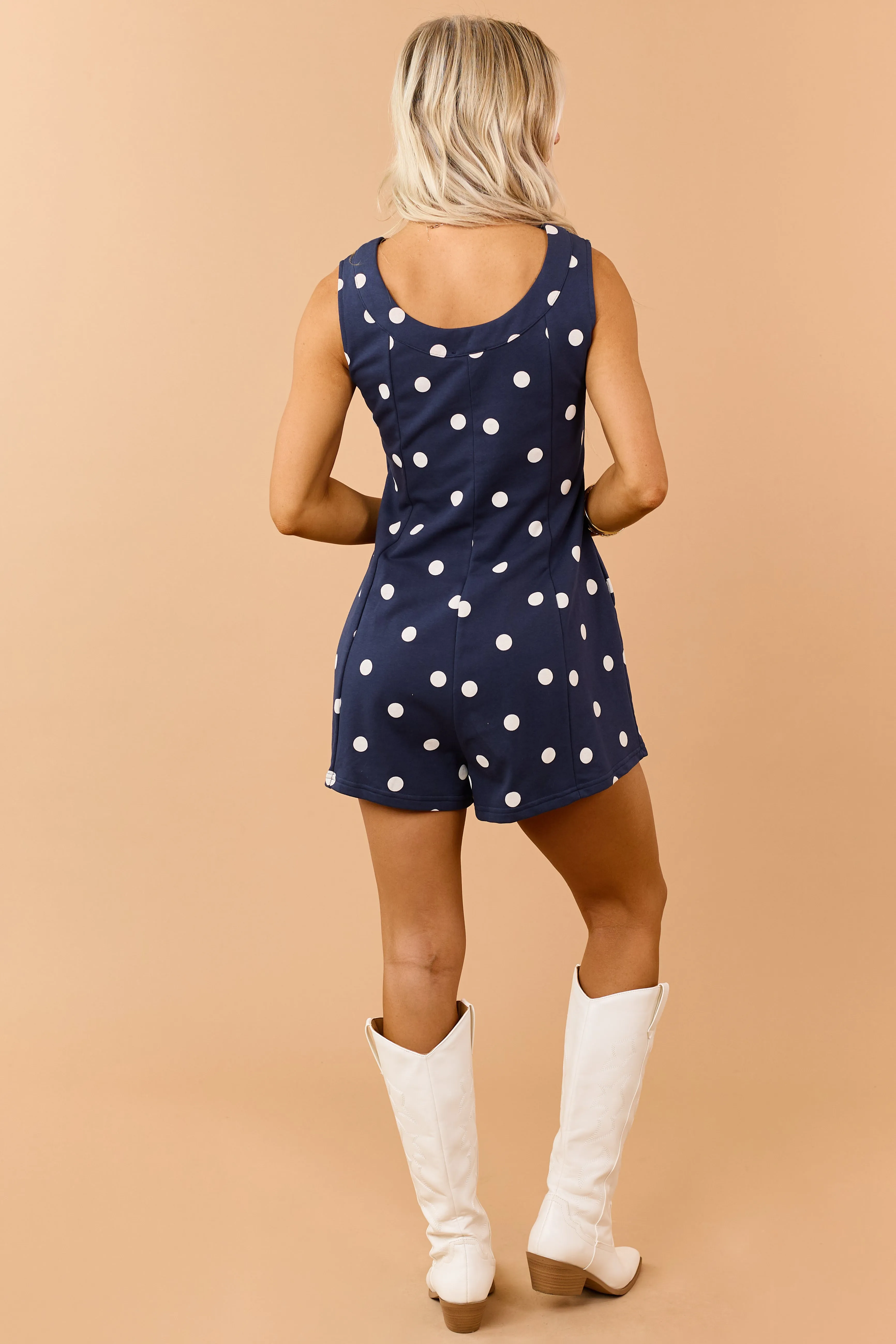 Navy Polka Dot Knit Relaxed Romper sold by Lime Lush product image thumbnail 5