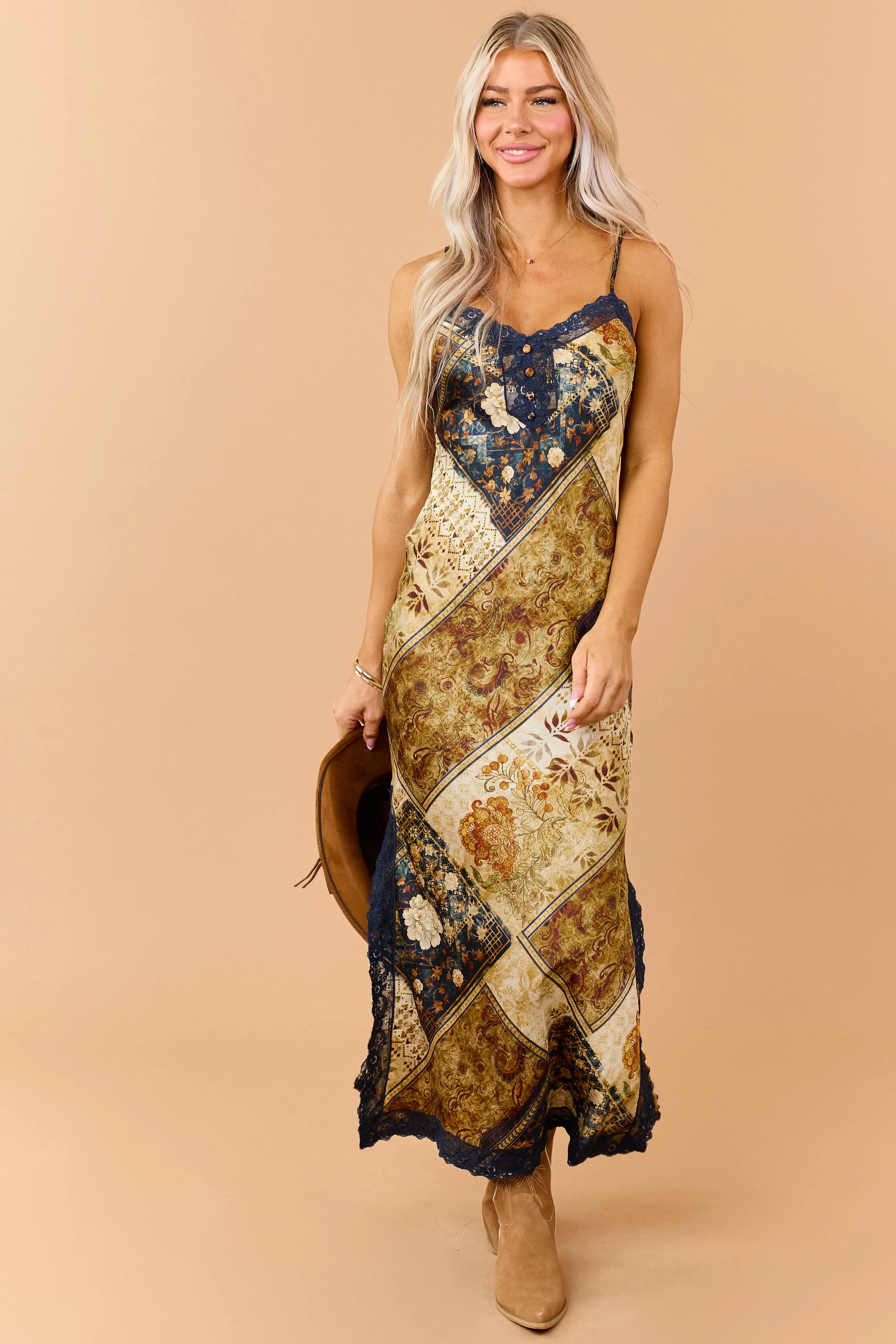 Sand Patchwork Floral Print Satin Maxi Dress sold by Lime Lush product image thumbnail 2