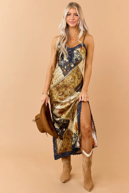 Sand Patchwork Floral Print Satin Maxi Dress made by privy