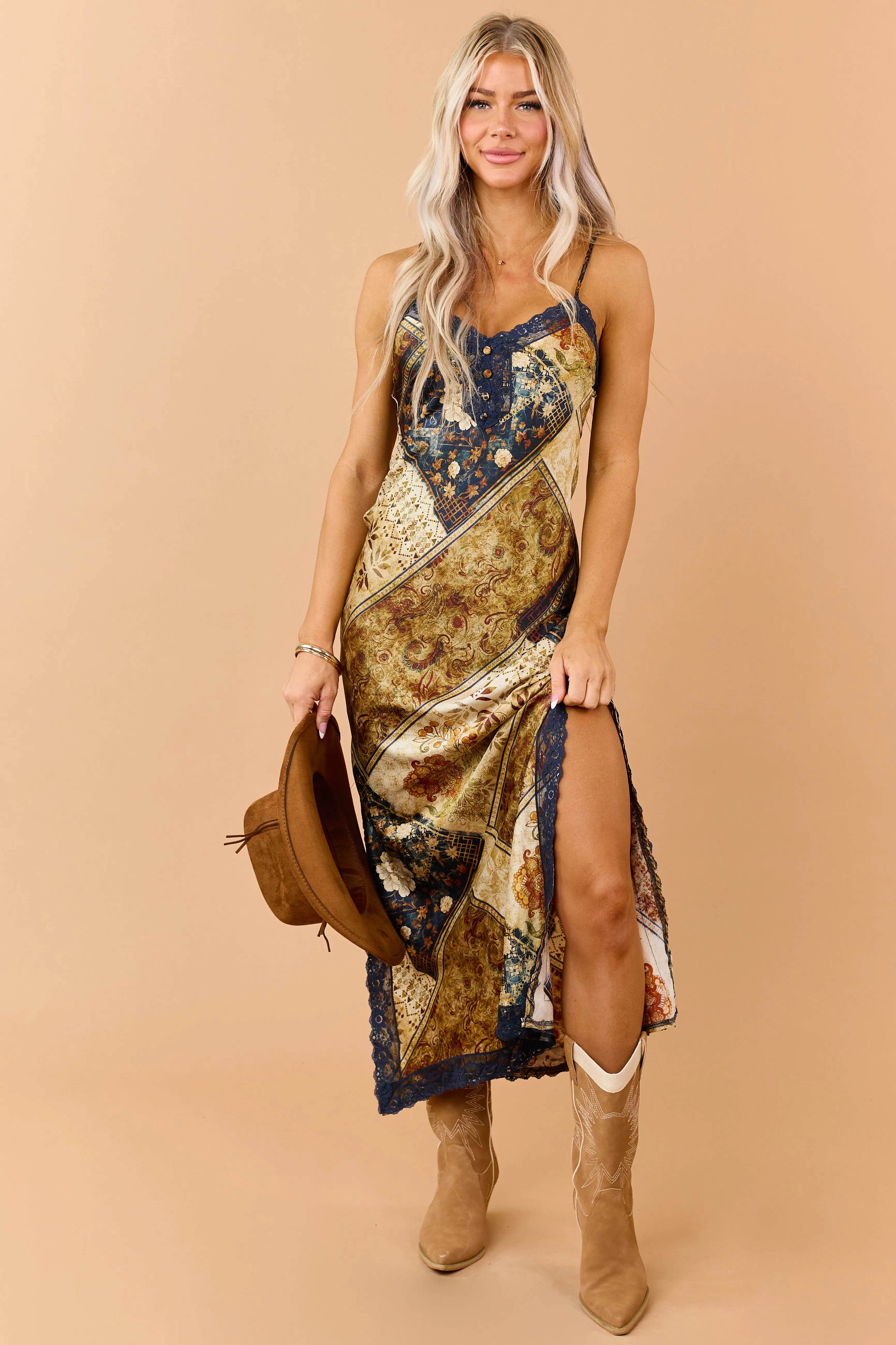 Sand Patchwork Floral Print Satin Maxi Dress sold by Lime Lush