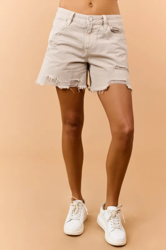 Mica Denim Oatmeal High Rise Distressed Jean Shorts made by Mica Denim