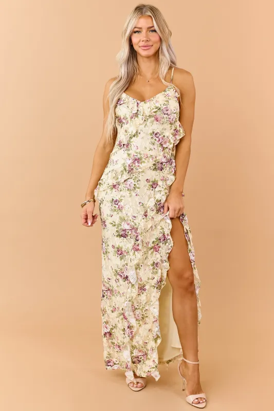 Buttercream Floral Print Ruffle Mesh Lace Maxi Dress made by privy