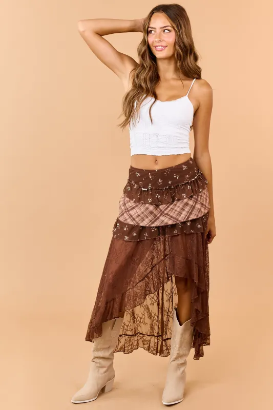 Cocoa Mixed Floral Lace Tiered High Low Maxi Skort made by Polagram